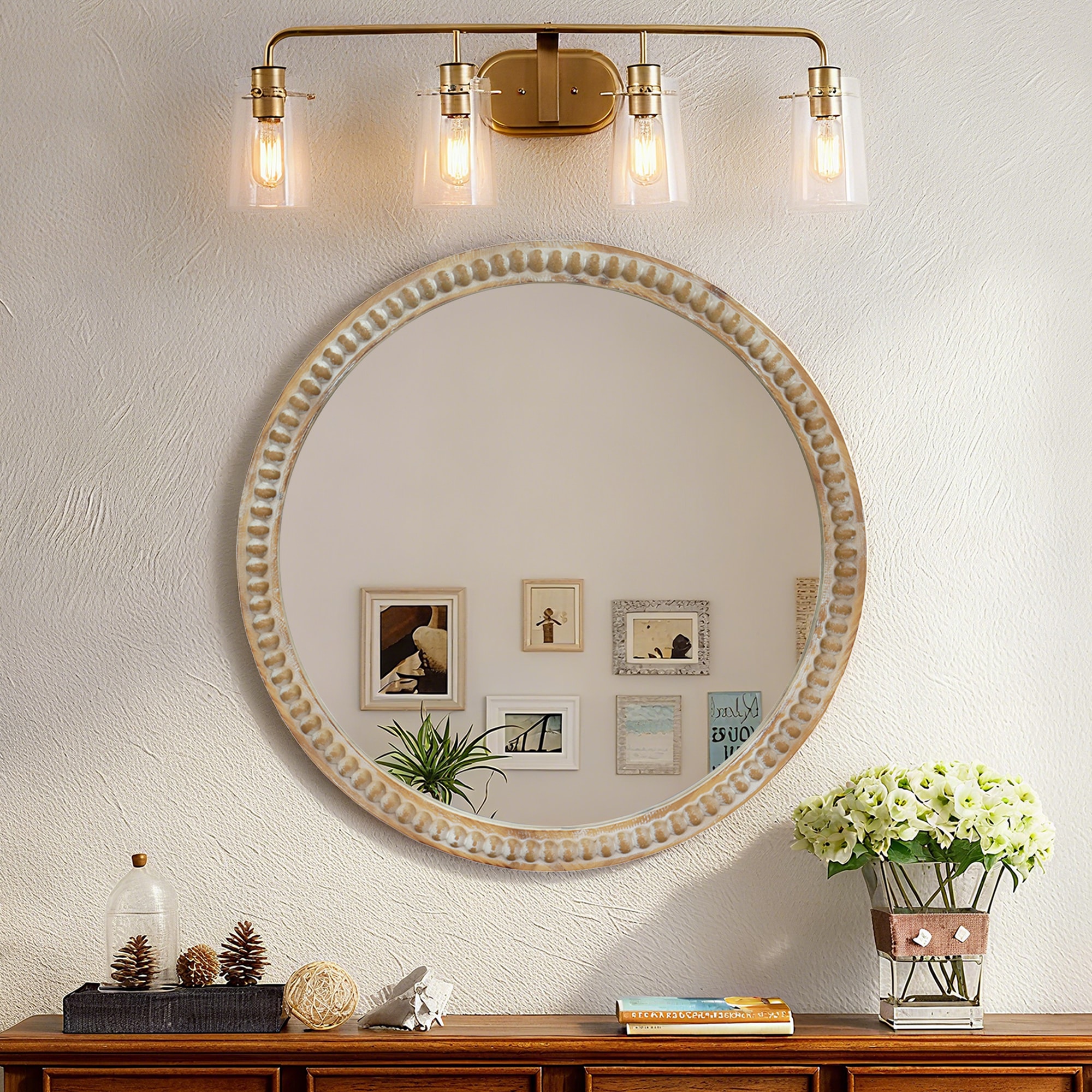 Huluwat - Round Decorative Wall Mirror 35 7/16 Inches Distressed Wood Beaded Frame Mirror for Ent...