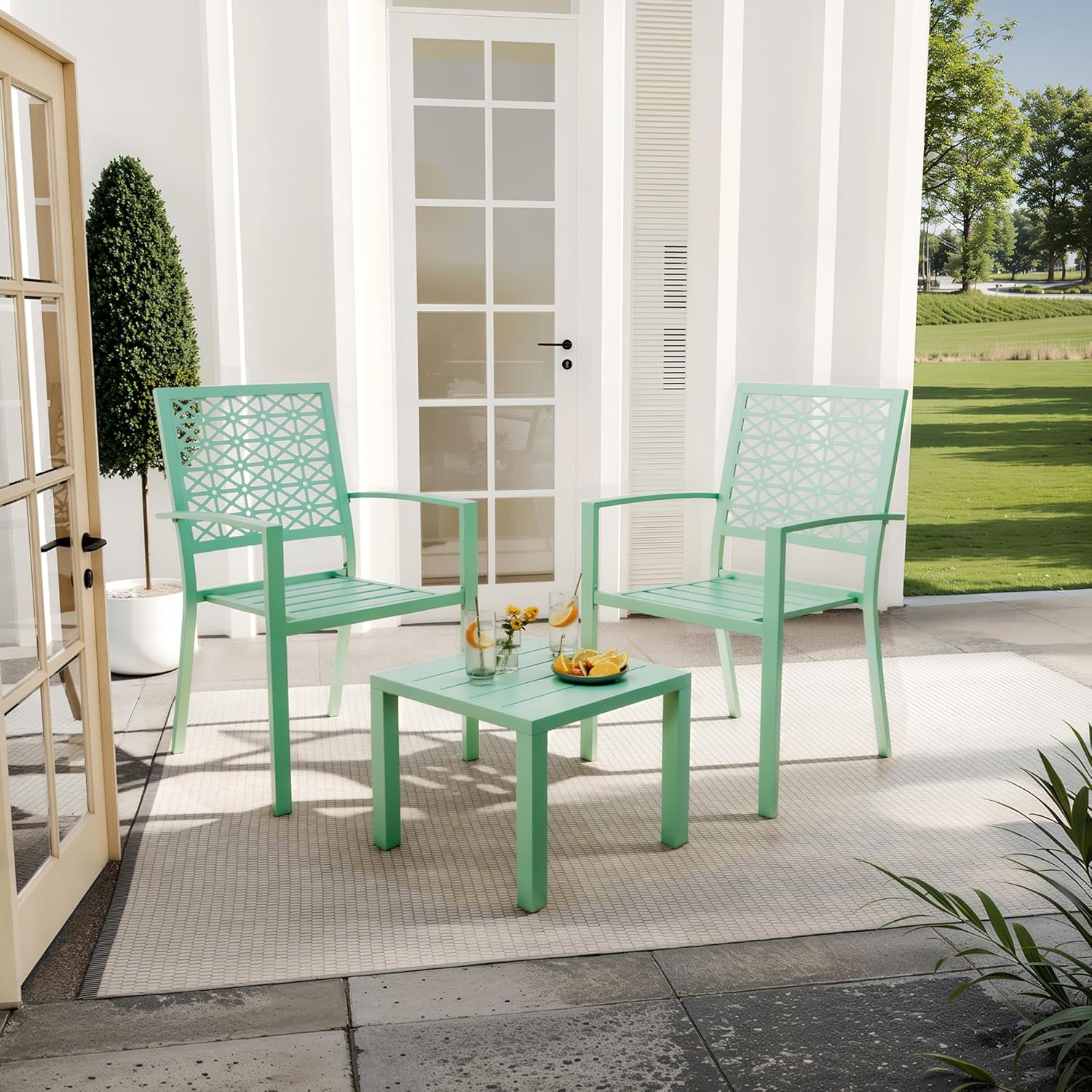 Der Rose PPG_334XS8Q6 3-Piece Bistro Set Outdoor Bistro Set Stackable Metal Square Table and Chairs Small Conversation Set Patio Furniture for Backyard Deck BalconyPatio Pool Light Green