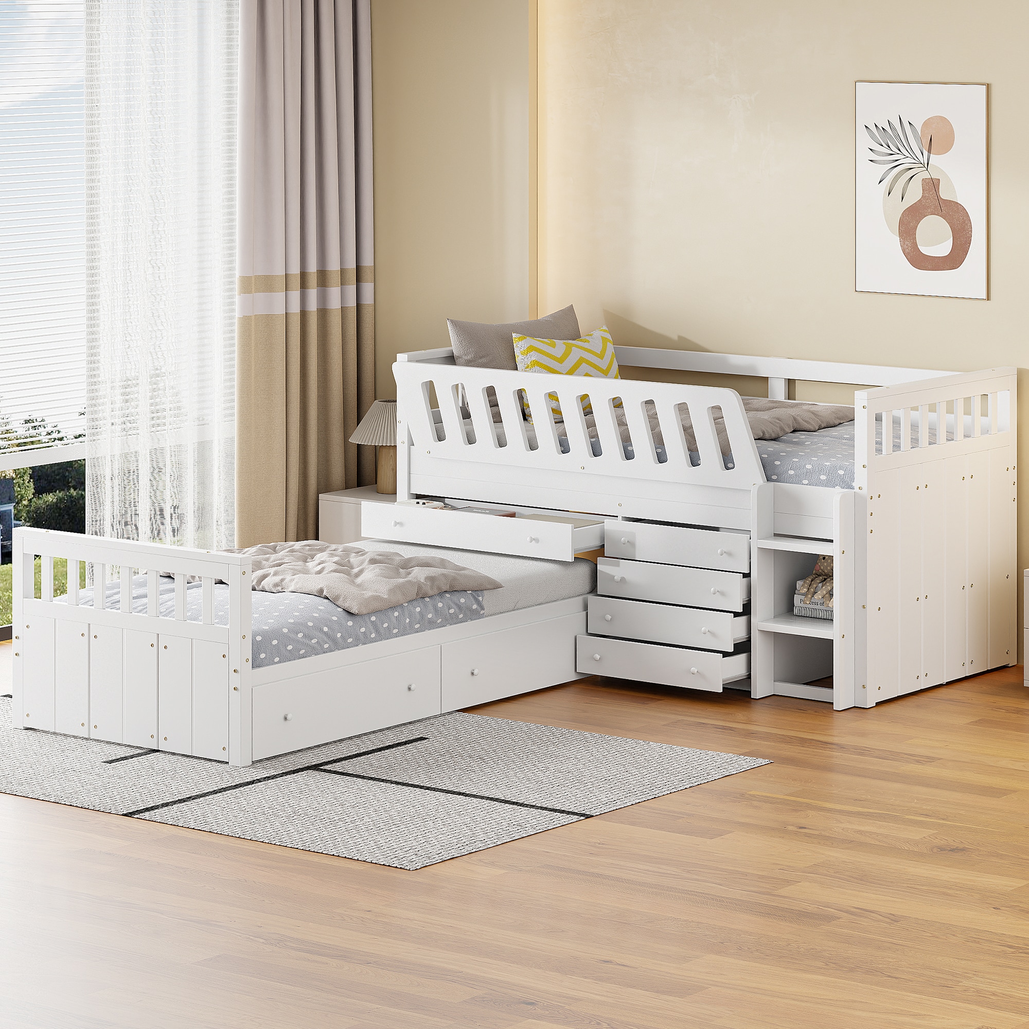 ModernLuxe LT000853AAK Lshaped  SpaceSaving Twin Loft and  Twin  Platform Bed with 7 Drawers and Full GuardrailsWHITE