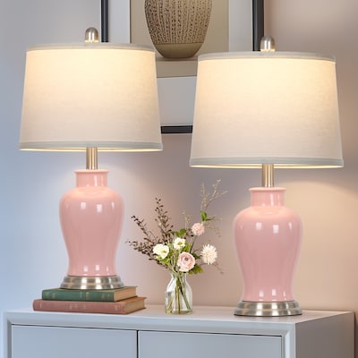 UrFurnishings Modern 23-in Pink LED Rotary socket Table Lamp with Linen Shade 2 -Set