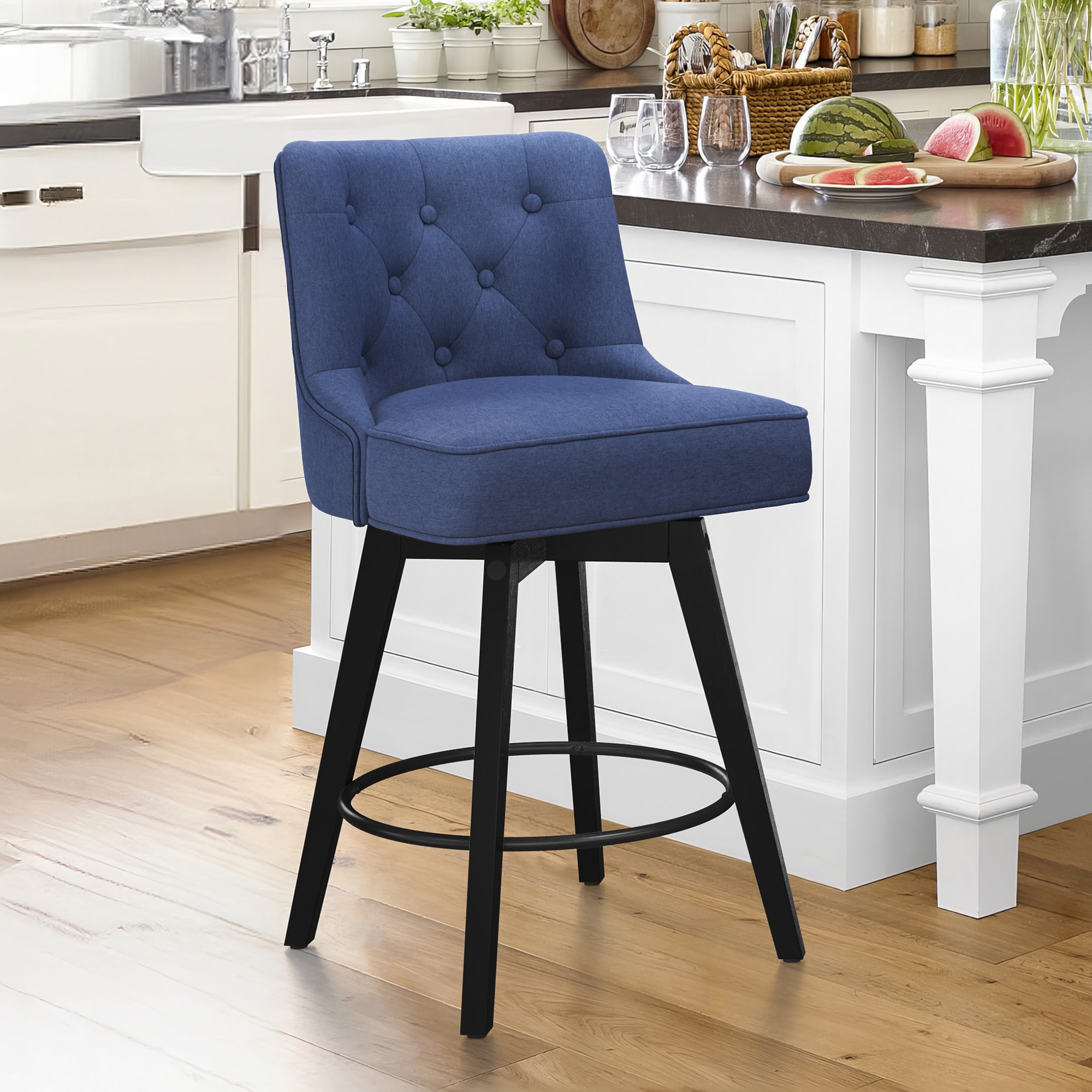 LUE BONA YB-158-02LS Navy Blue/Fabric 26-in H Counter height (24-in to 27-in) Square Seat Upholstered Swivel Wood Back Bar Stool Back