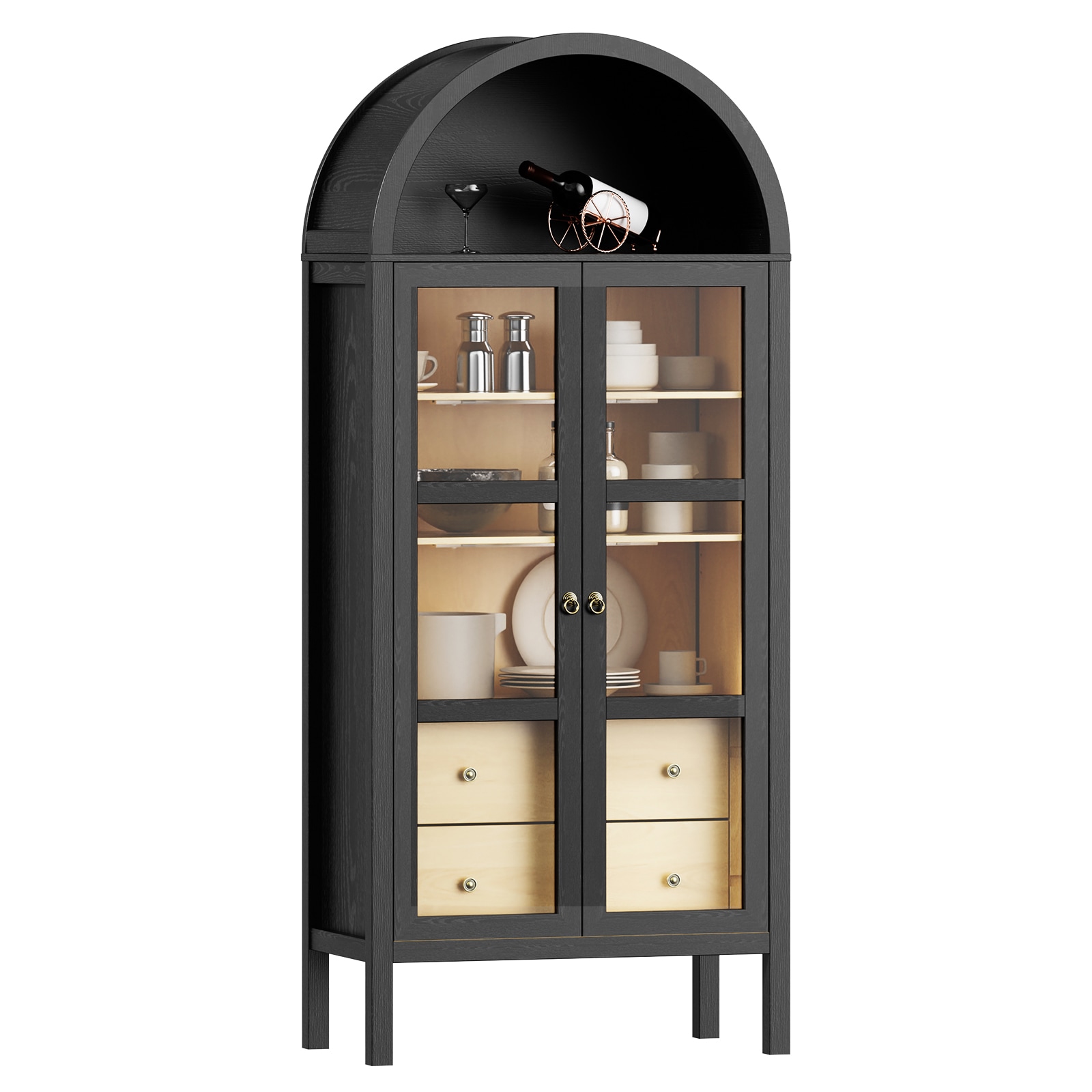 LOVMOR ARCHEDCABINET-BLACK 72 Inches Tall Modern Farmhouse Arched Cabinet with Glass Doors and Auto Sensor Light Arch Storage Cabinet with Height Adjustable Shelf and 2 Drawers(Black）