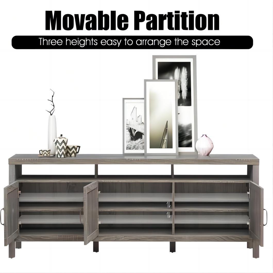 Gray Solid Wood TV Stand with Rattan Cabinet Doors