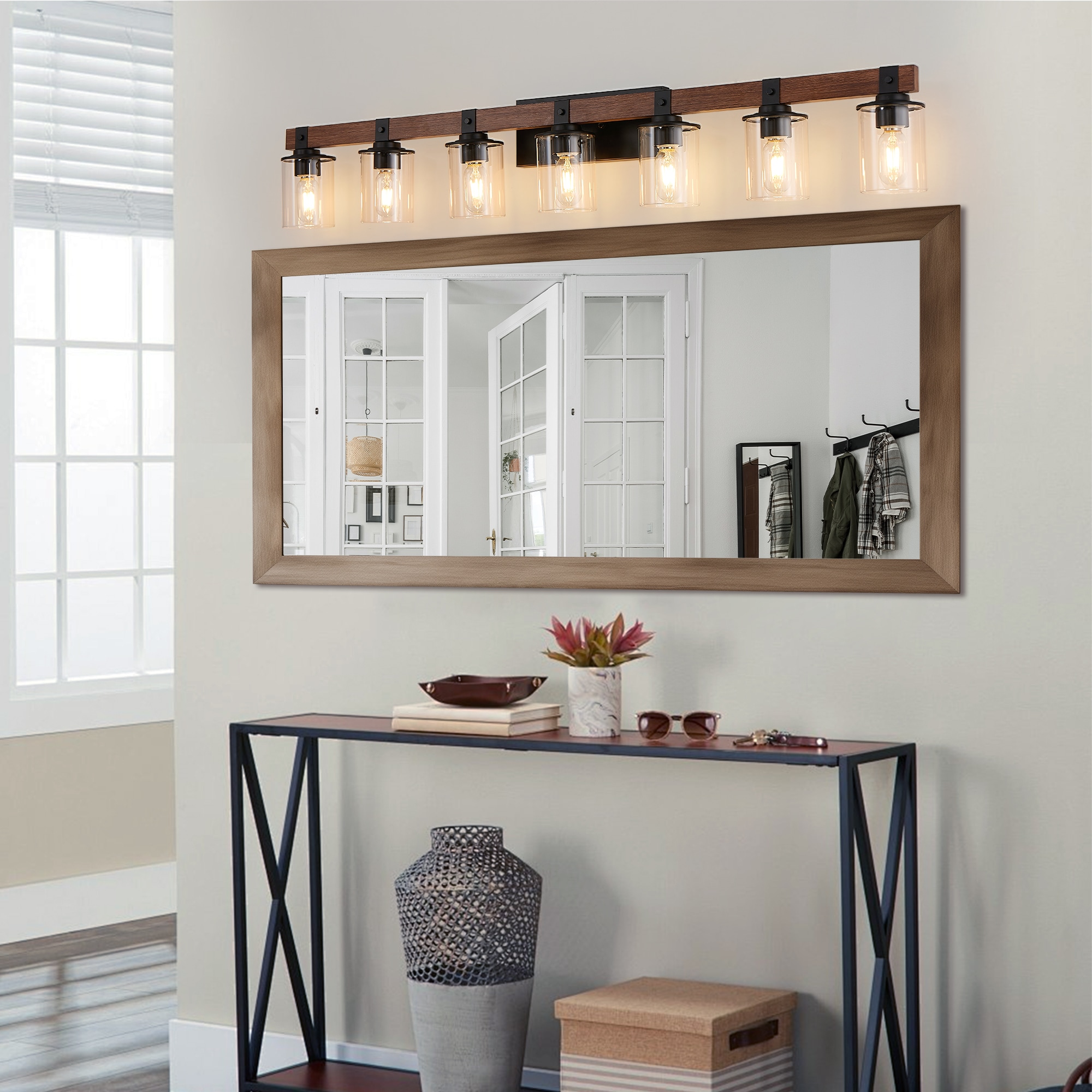 LUXEYARD 50in  Rustic 7-Light Vanity Light  Industrial Bathroom Wall Sconce with Glass Shades and Wood Accent  Modern Farmhouse Lighting Fixture (No Bulbs)