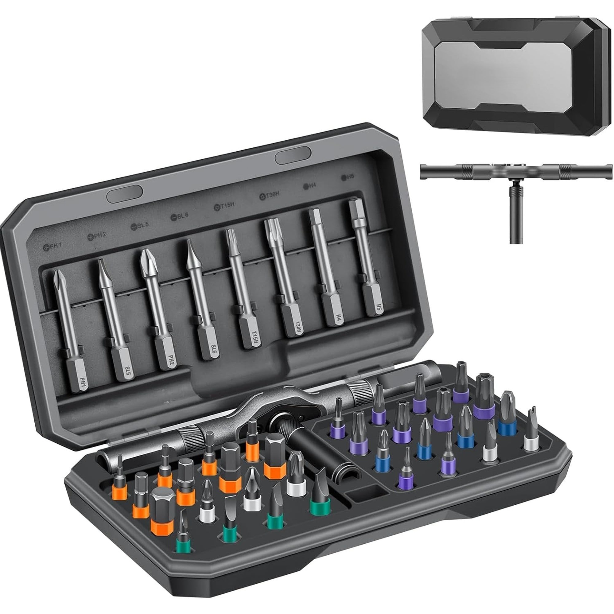 Angel Sar 42-Piece Multi Bit Grey Magnetic Screwdriver Set with Ratchet T Handle and Storage Box for Gifts Furniture