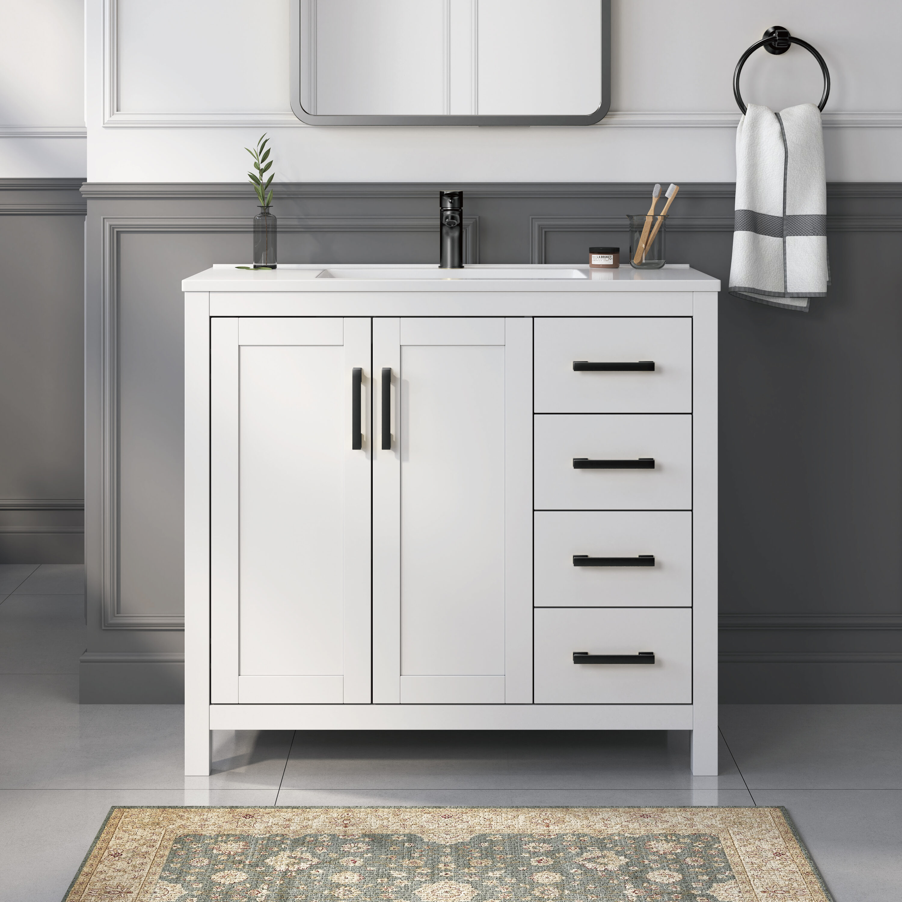 DELUXE LIVING V24033KD-36W Eclipse 36-in White Single Sink Bathroom Vanity with White Acrylic Top