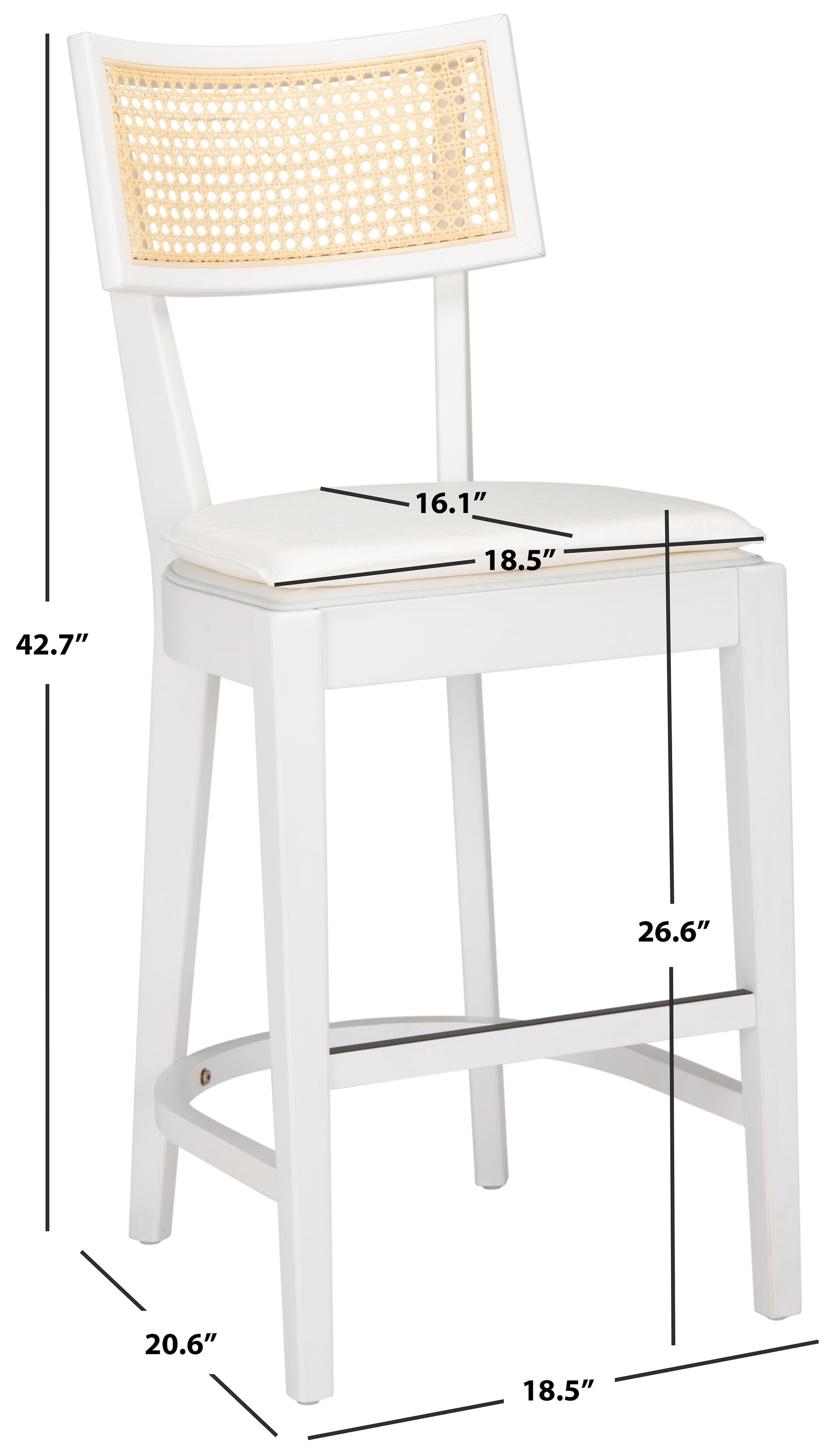 White and Natural Wood Cane Counter Stool with Cushion