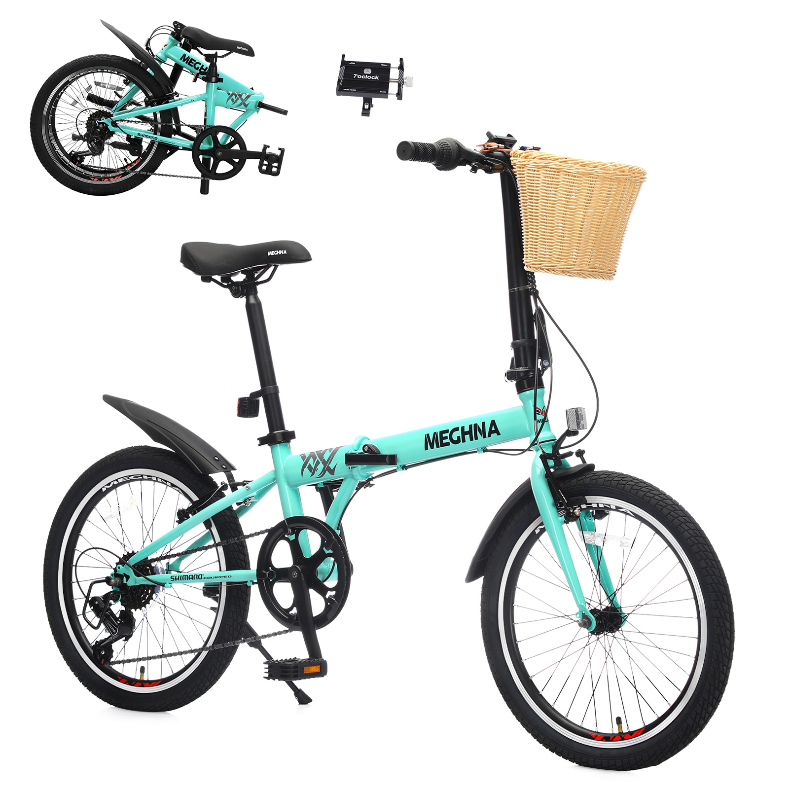 Tatayosi 20 Inch Folding Bike for Adults with Basket Phone Holder and Fenders Steel Frame 6-Speed City Commuter Dual V-Brake Portable Compact Bicycle for Men and Women