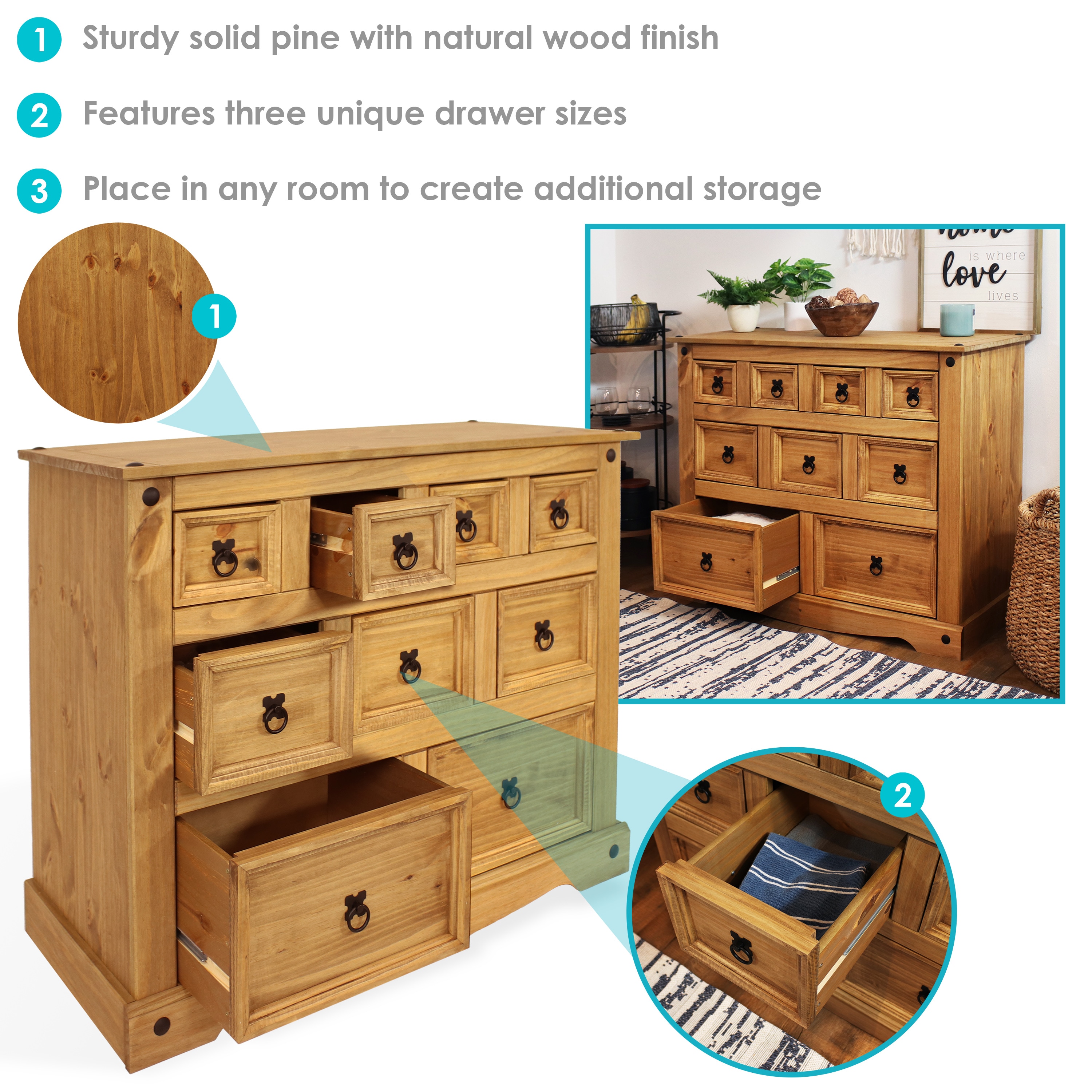 Sunnydaze Light Brown Pine 9-Drawer Farmhouse Chest