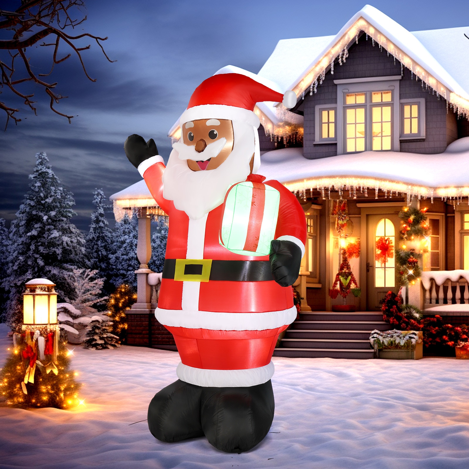 Bestcore 7-ft Christmas Inflatable Black Santa Claus Holding Gift with 5 Built-in LED Lights Outdoor Blow Up Yard Decoration for Front Lawn Garden Holiday Party