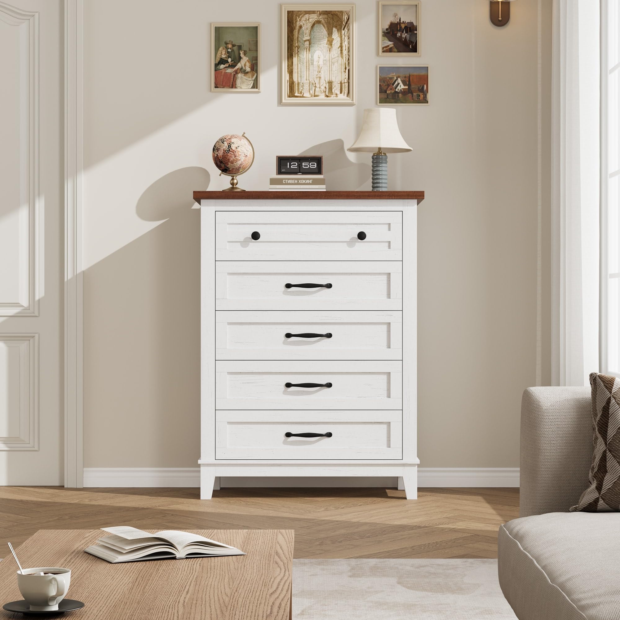 Garvee 2 Pack White and Brown 5 Drawer Dresser for Bedroom 41 Inch Tall Vertical Storage Chest for Closet and Living Room