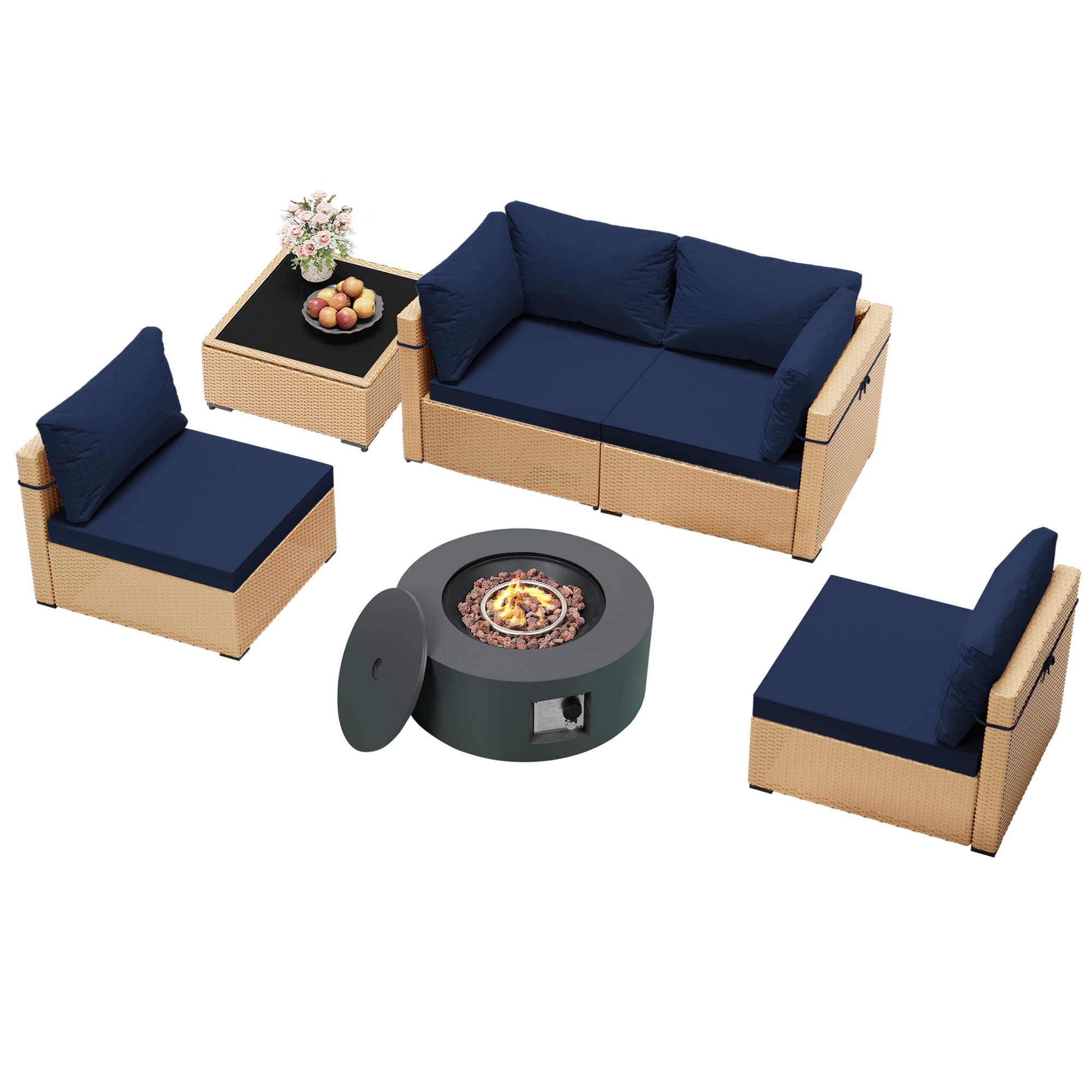 Patio Watcher LS-RT5-Y28TP-Y2 Rattan Sofa Set 6-Piece Rattan 4 Patio Conversation Set with Blue Cushions