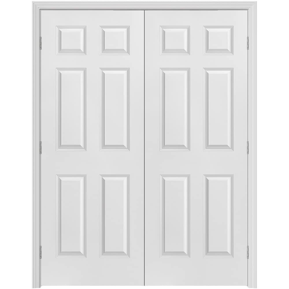 Masonite 640963 60-in x 80-in Primed Solid core 6-panel Bi-parting Smooth Primed Molded composite Split Jamb Double Prehung Interior Door 356 Casing