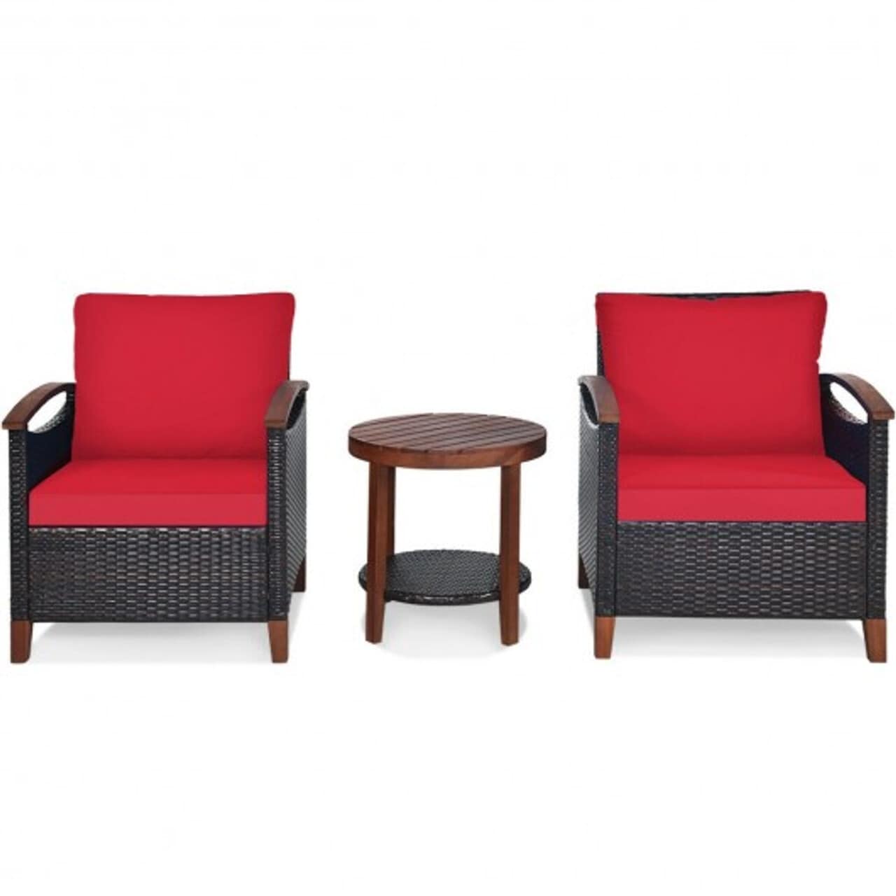 WELLFOR OUJN65226RE 3 -Piece Rattan Patio Conversation Set with Red Cushions