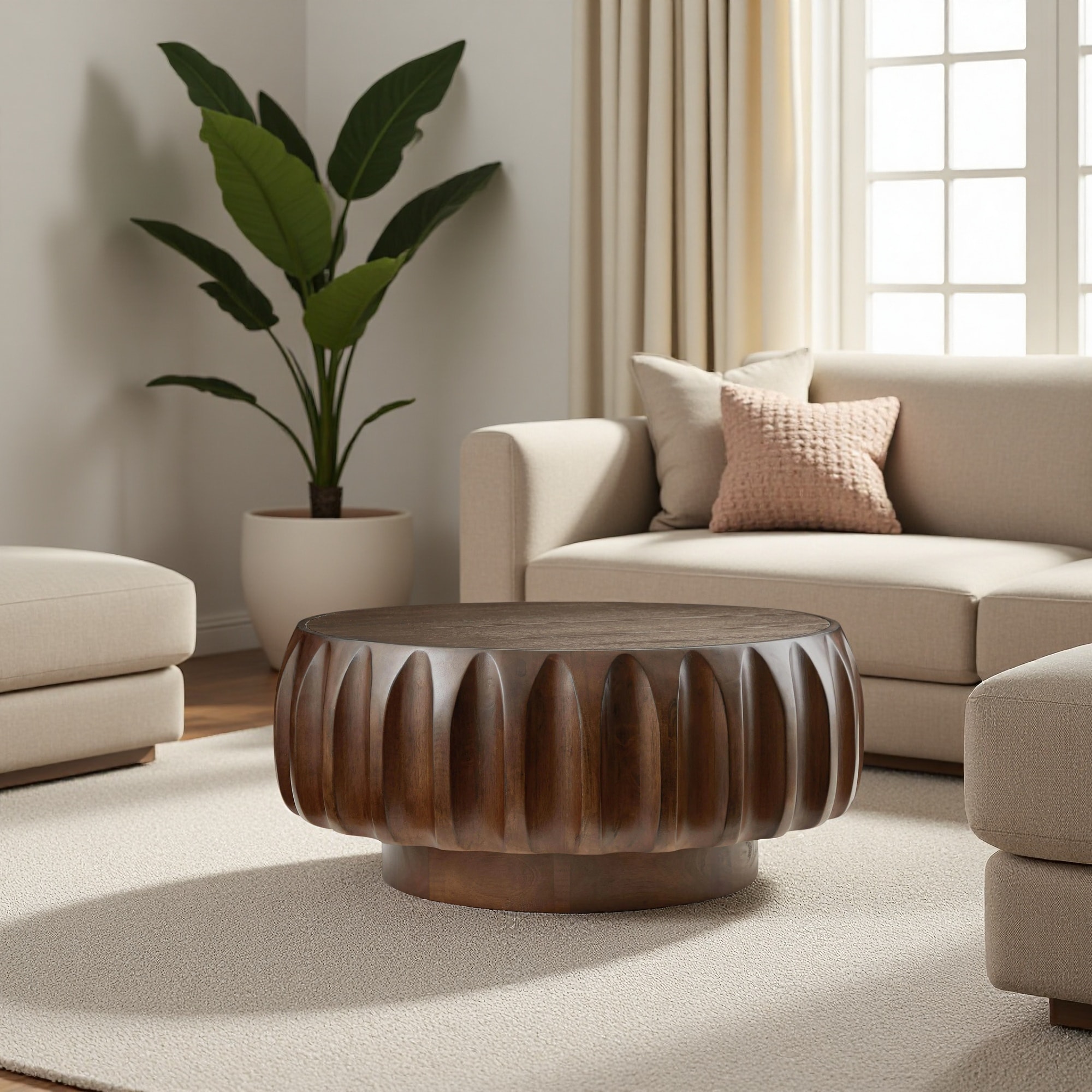 zwyo hosimu 31.5-in W Round Coffee Table with Carved Solid Wood Frame ...