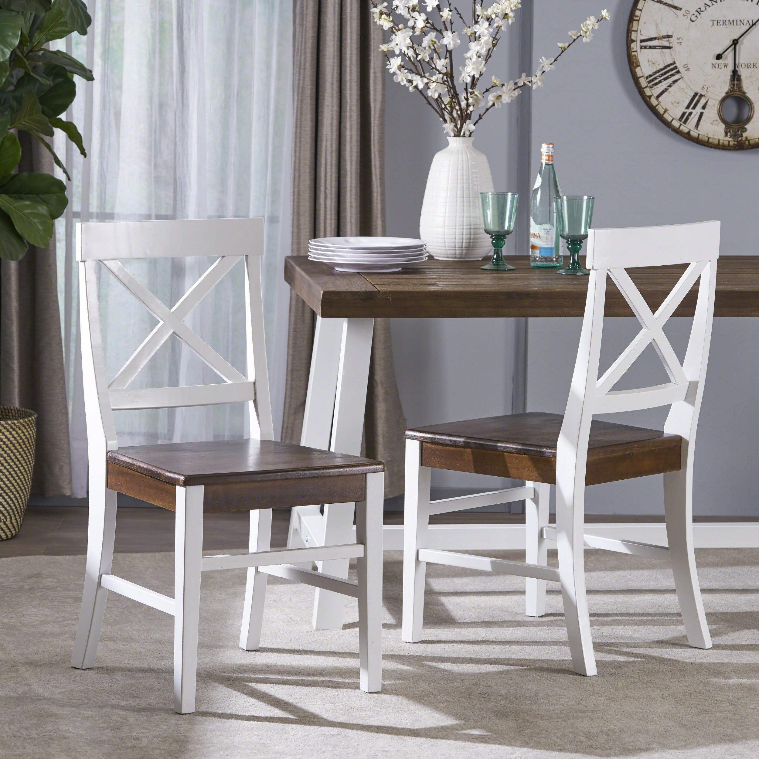 Rustic Acacia Wood Dining Chairs in White and Walnut, Set of 2