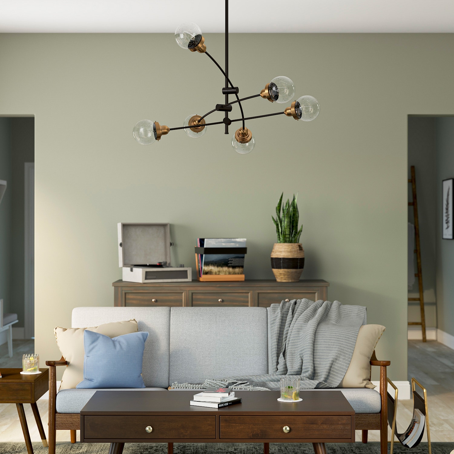 Bronze and Black Adjustable Sputnik Chandelier with Clear Glass Globes