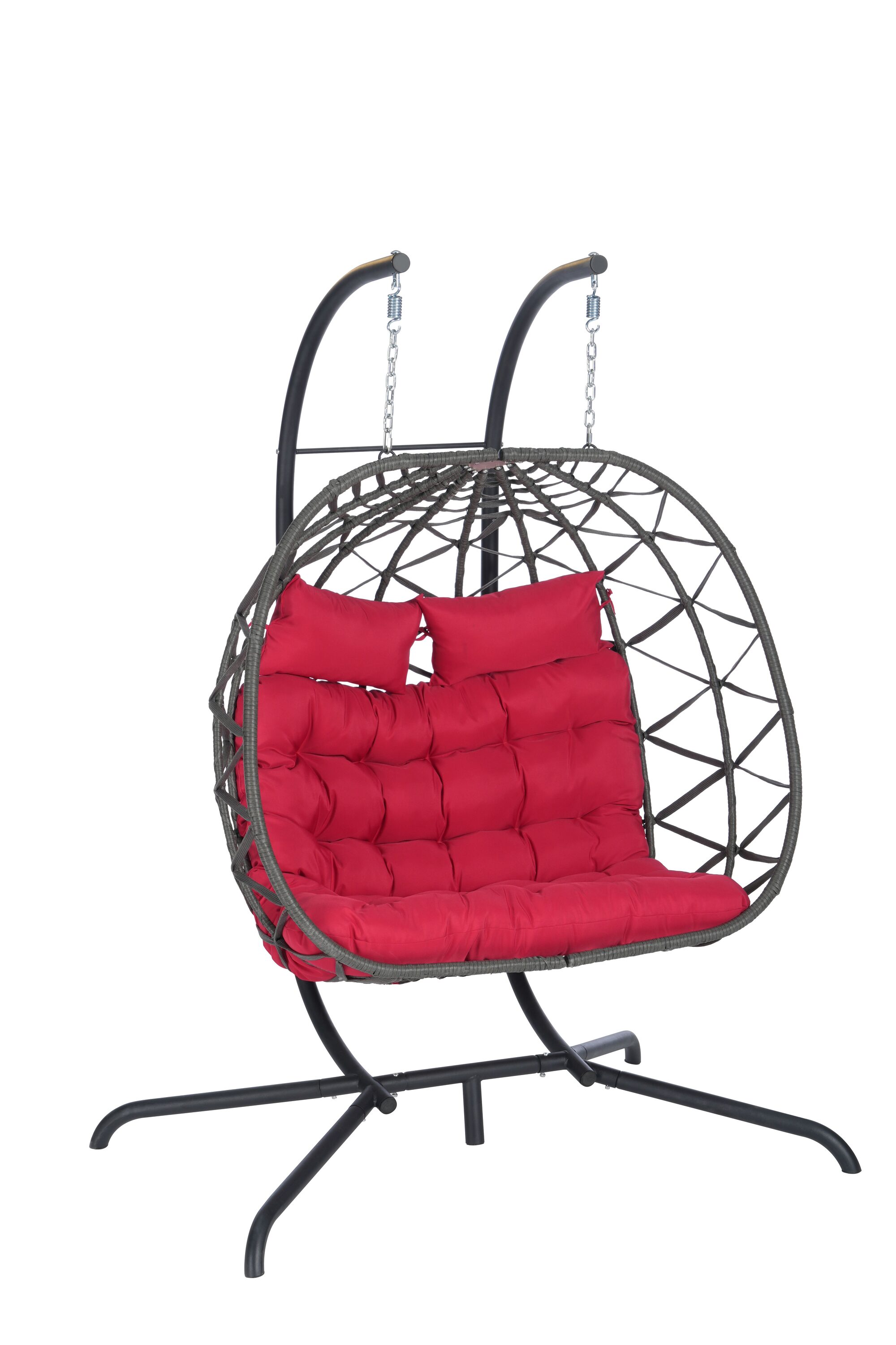 Forclover MONLDS12RE 2-Person Hanging Chair Patio Swing Egg Chair Rattan Dark Gray Steel Frame Hanging Egg Chair with Red Cushioned Seat