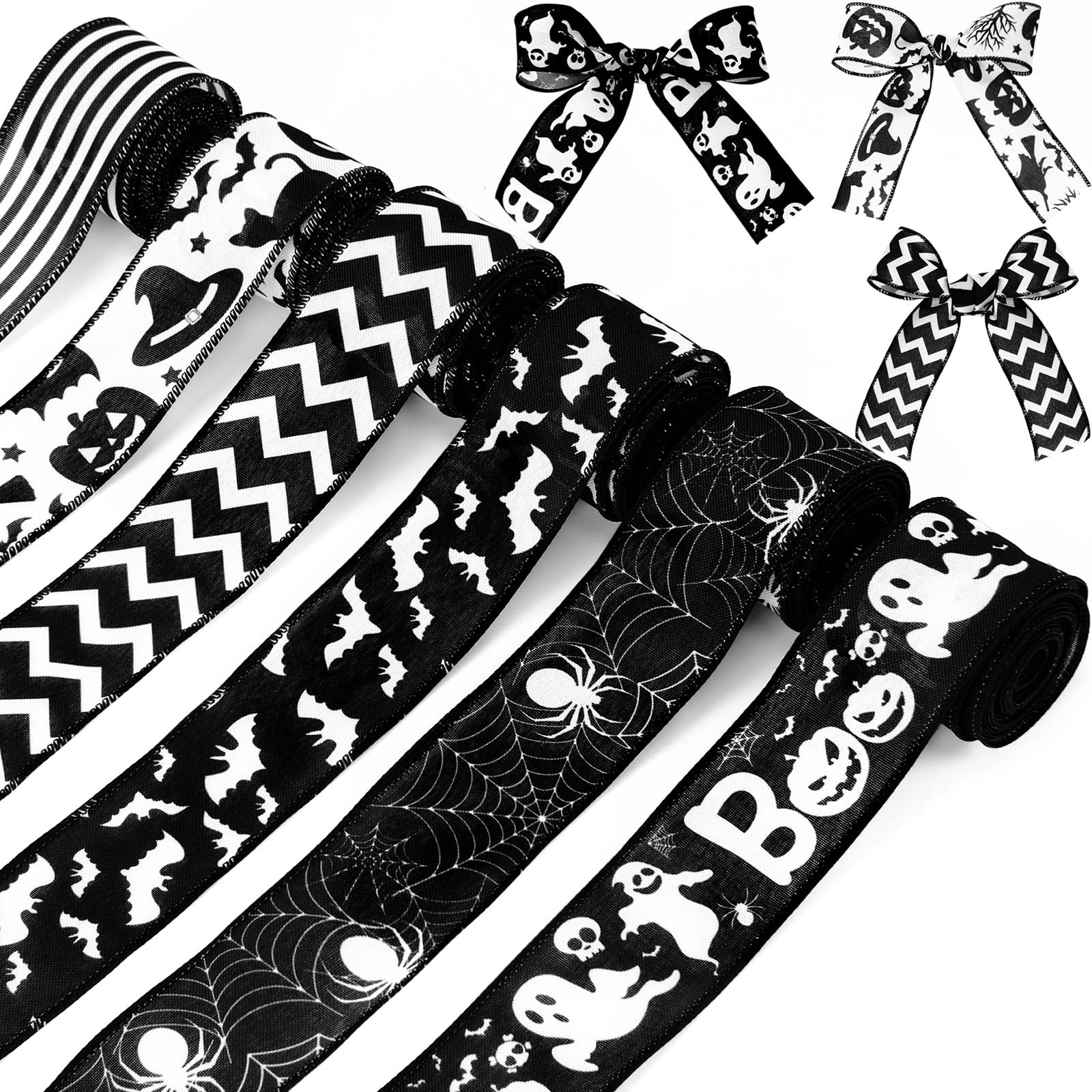 Phyfalip  Halloween Wired Edge Ribbons 6 Rolls 30 Yards Black Ghost Bat Spider Web Skull Pumpkin Print Decorative Burlap Ribbon 2 Inch Wide