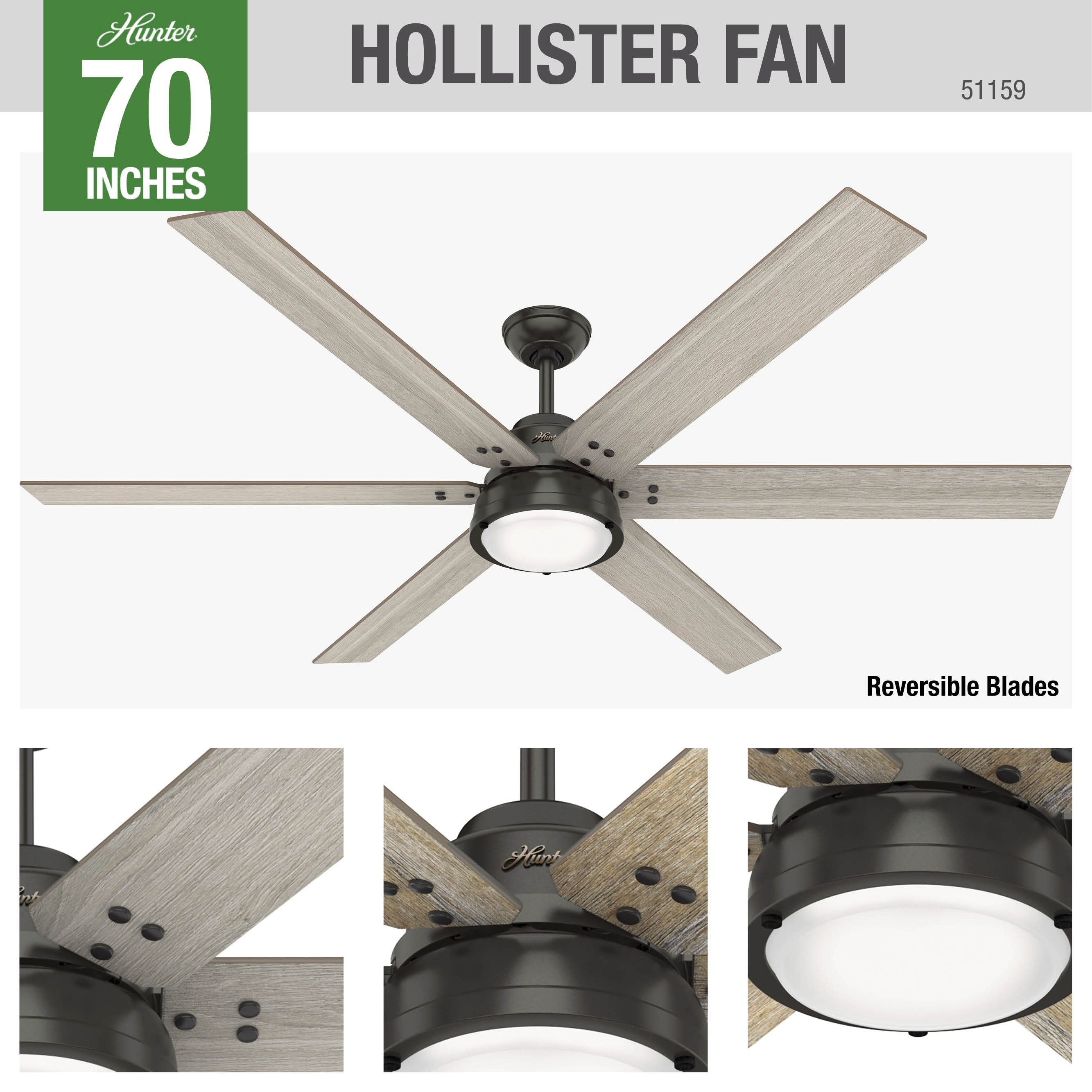 Hunter Hollister 70-in Noble Bronze LED Indoor Ceiling Fan with Light ...