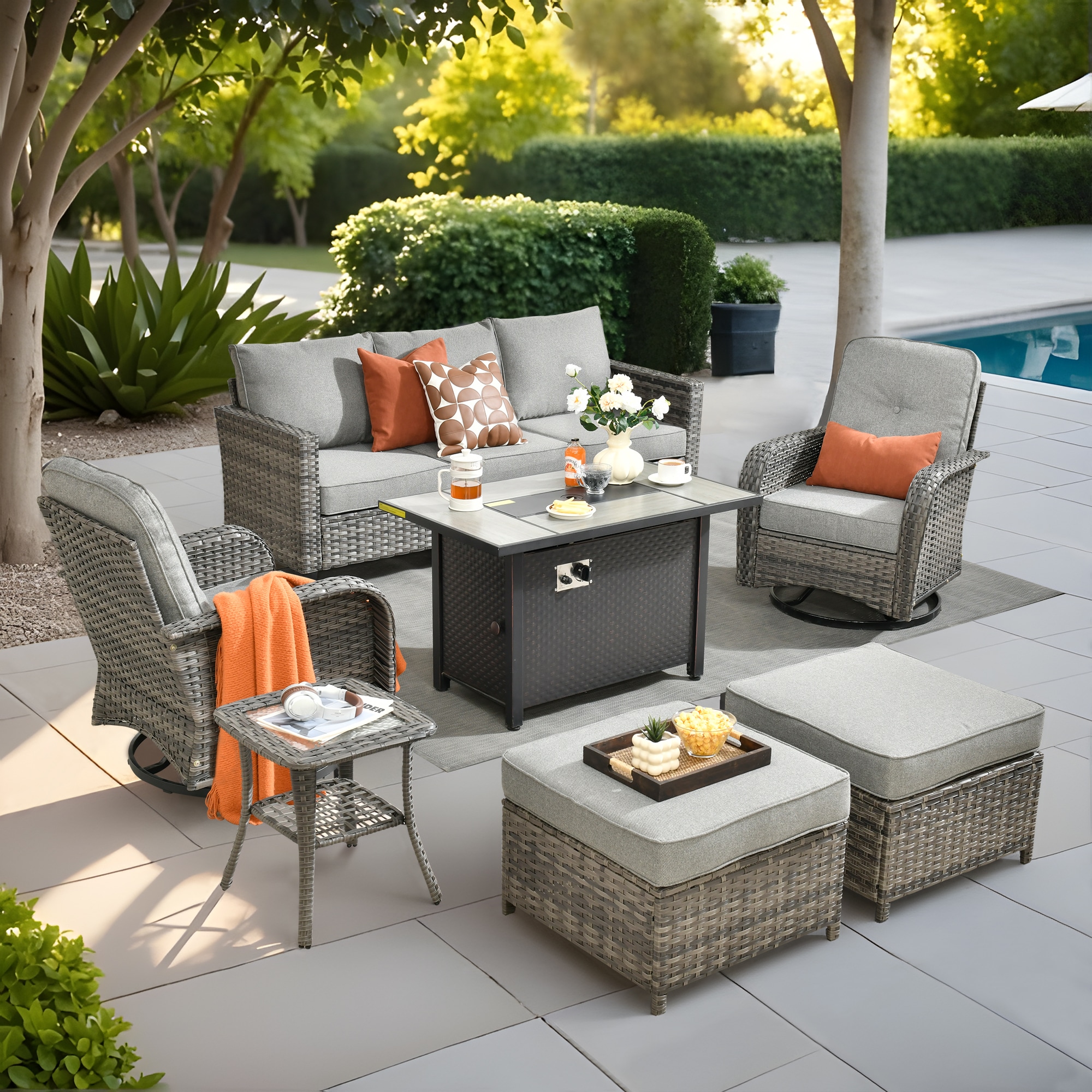 weaxty HMB03YZGNCRS2S71 Initial 7 -Piece Wicker Patio Sofa Conversation Set with Gray Cushions