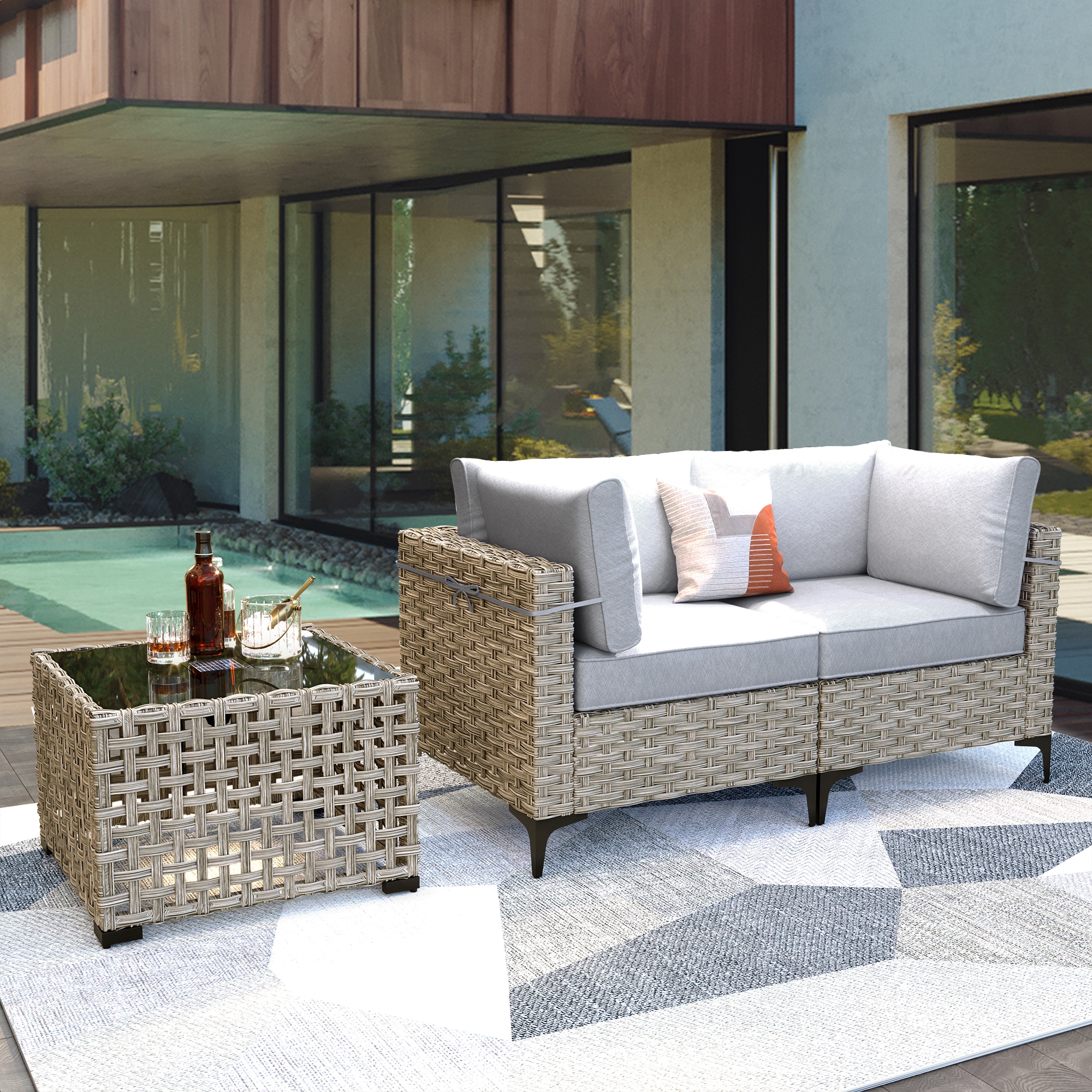 Ovios SK400-1 Wicker Outdoor Loveseat with Light gray Cushions and Iron Frame