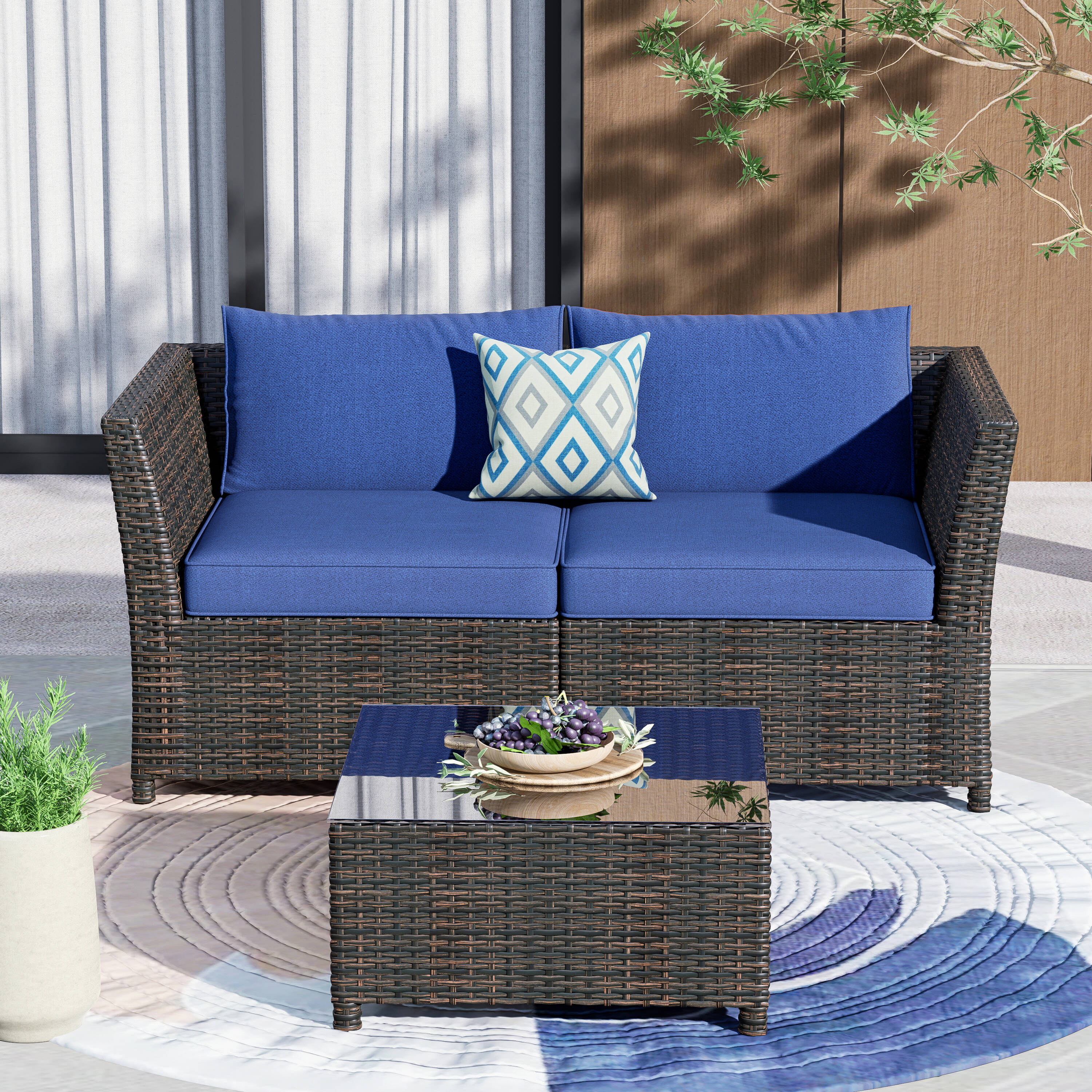 Pouuin SRSA501 3 -Piece Rattan Patio Conversation Set with Blue Cushions