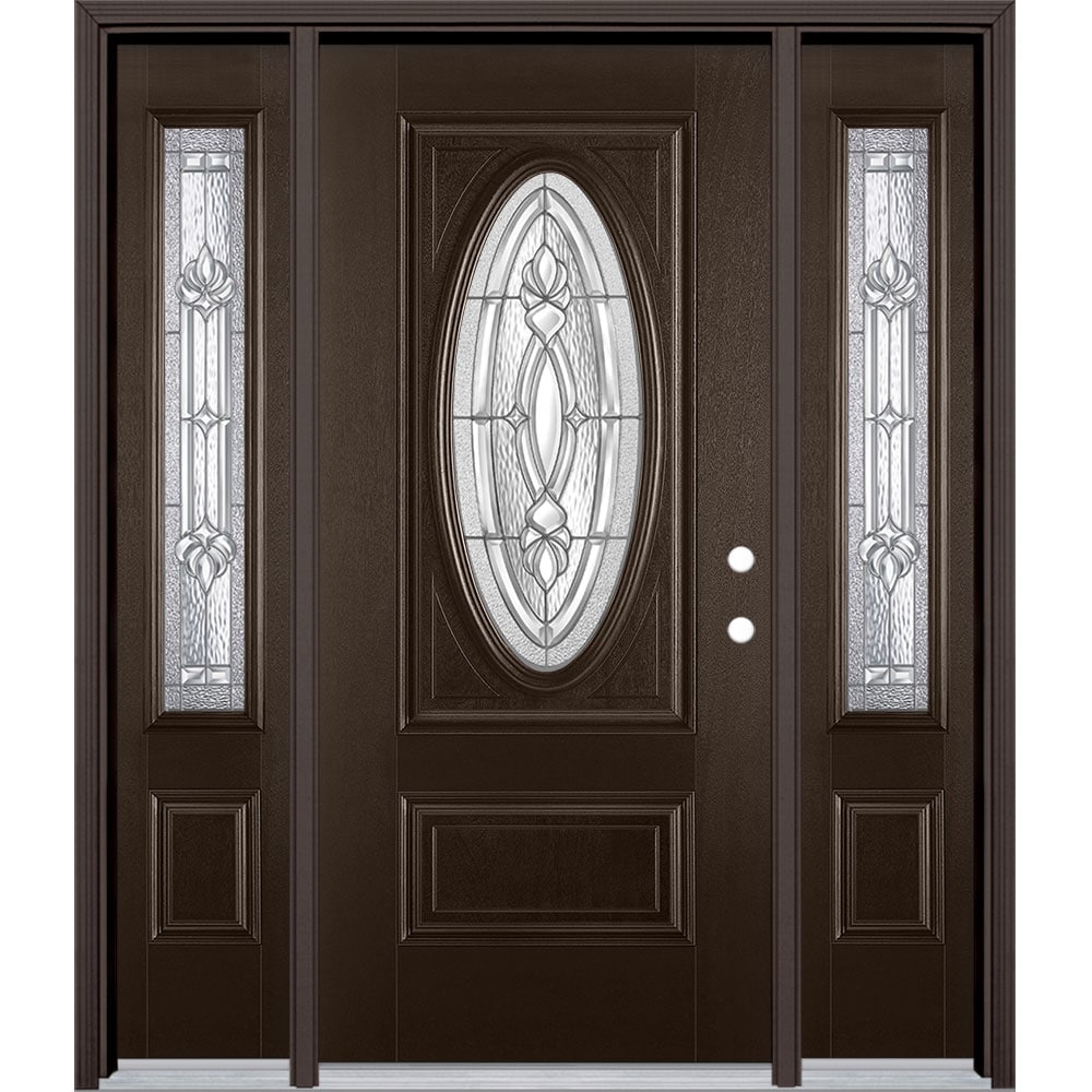 Masonite 3421719 Panama 60-in x 80-in x 4-9/16-in Fiberglass Oval lite Left-hand inswing Walnut Stained Prehung Single door with sidelights Front Door with Brickmould Insulating core Decorative glass