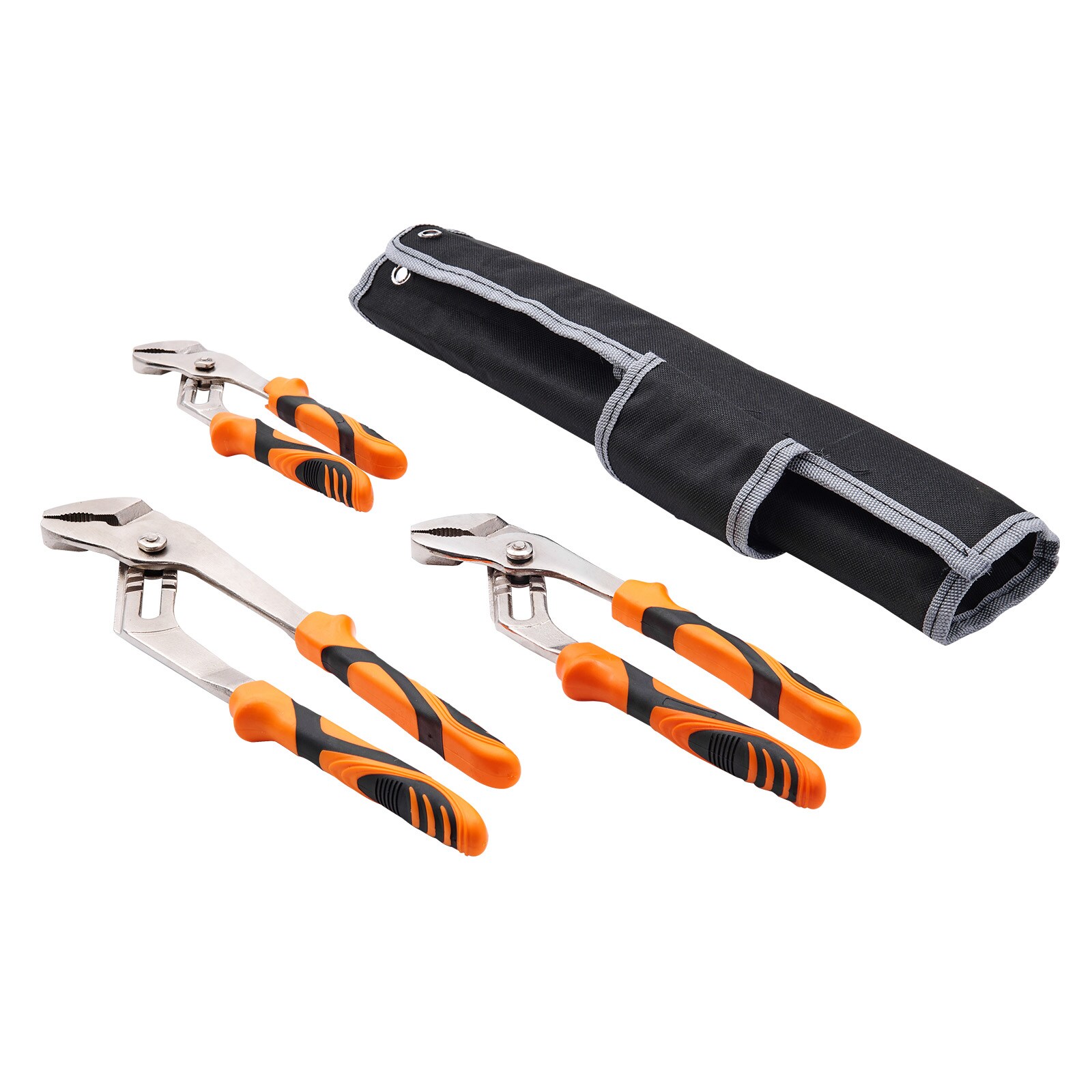 GIVIMO 3-Piece Groove Joint Water Pump Pliers Set with 12-in 10-in and 8-in Push-Button Adjustable Jaws Heat-Treated 42HRC High Carbon Steel Dual-Color Grips and Portable Tool Bag for Home Repair and Plumbing