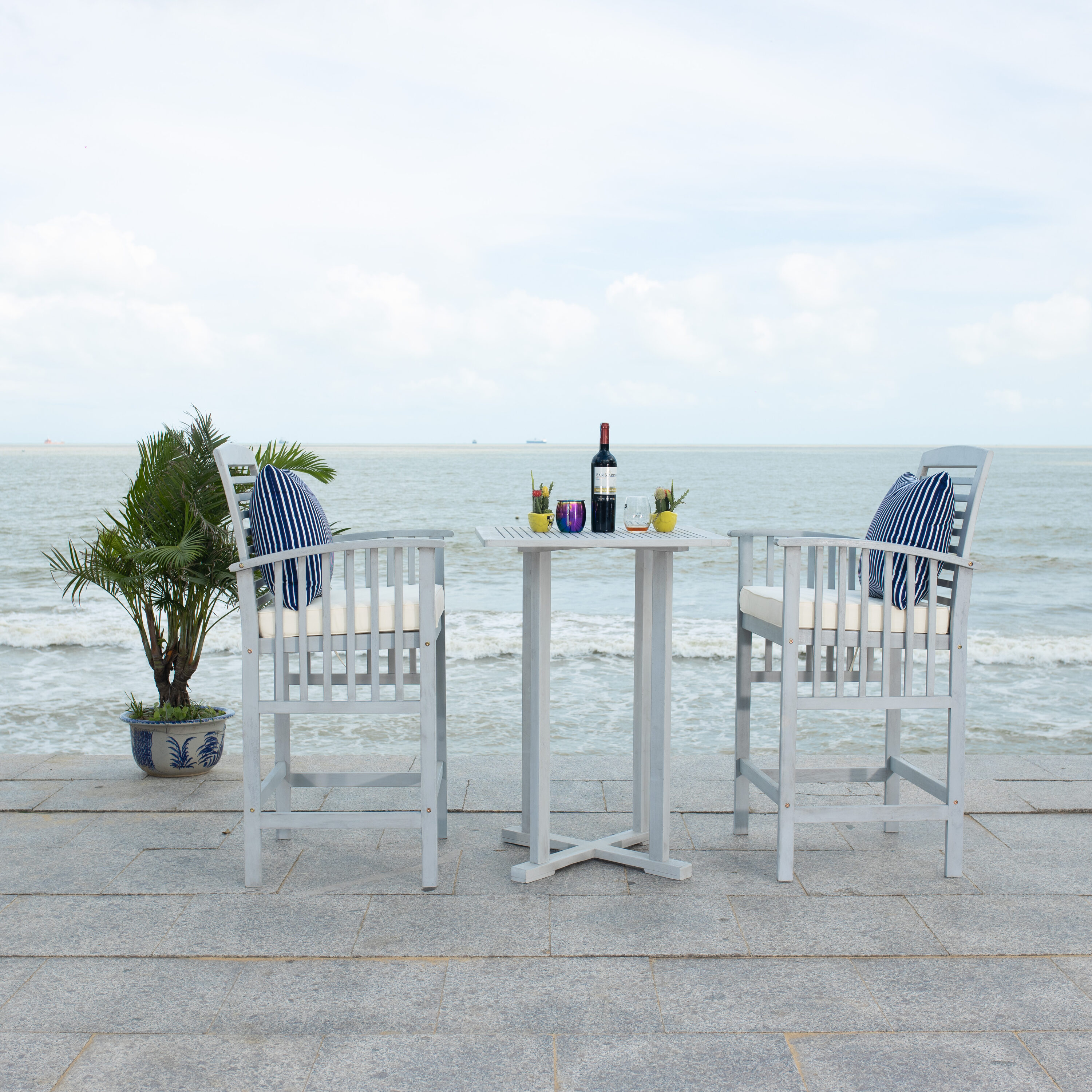 Gray Wooden 3-Piece Bar Height Bistro Set with Cushions