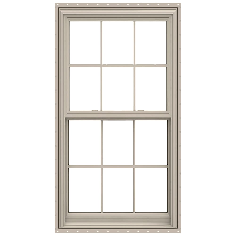 JELD-WEN LOWOLJW179200111 V-2500 33-1/2-in x 64-1/2-in Desert Sand Desert Sand Vinyl New construction Double Hung Window Low-E argon Double Pane Glass with Grids (Full Screen Included)