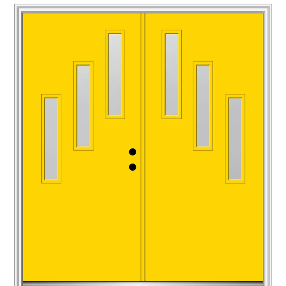 MMI DOOR ZZ350783L Spotlights 60-in x 80-in x 6-9/16-in Fiberglass Pulse lite Left-hand inswing Yellow Flash Painted Prehung Double Front Door with Brickmould Insulating core