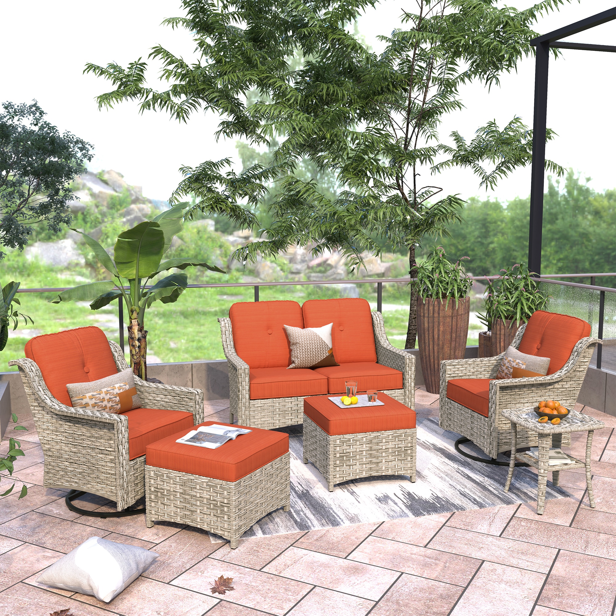 Ovios PDL806Y 6 -Piece Wicker Patio Conversation Set with Orange Cushions