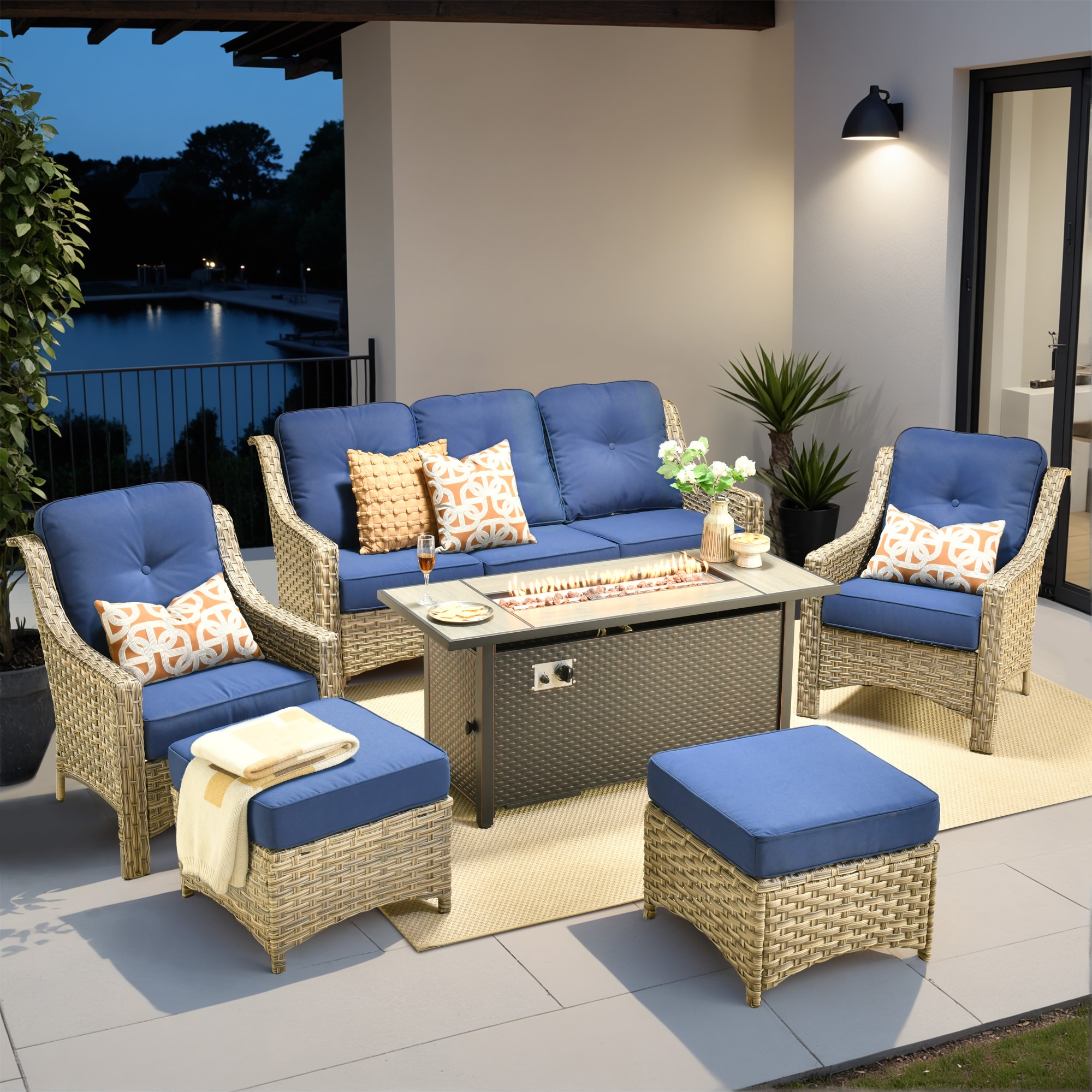 weaxty HMBCFP8503-PAD706 Aireno 6 -Piece Wicker Patio Sofa Conversation Set with Blue Cushions
