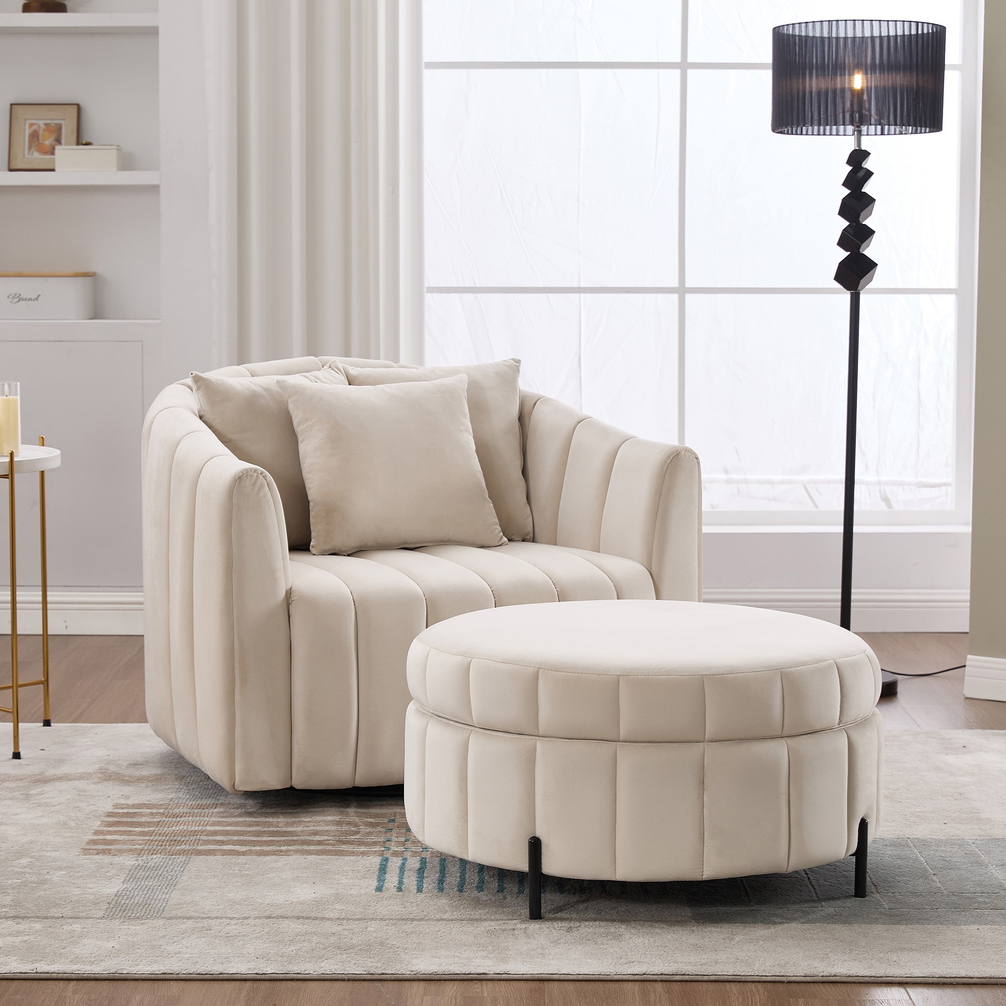 LOVMOR SF-WO-W3118S00009 Swivel Accent Barrel Chair and Half Sofa with Ottoman Velvet Channel Tufted Pumpkin Shape Club Armchair 3 Pillows with Storage Stool for Living Room BEIGE