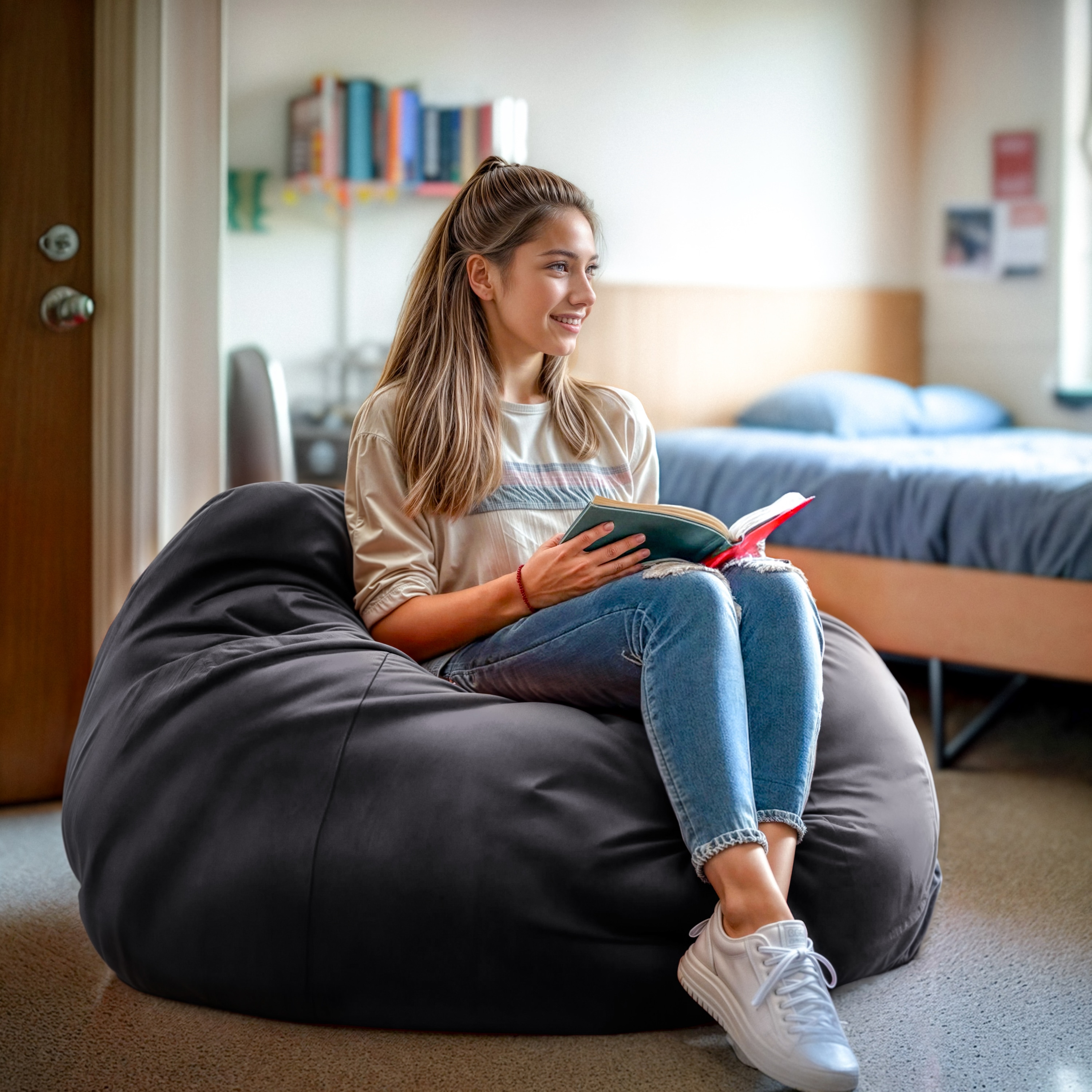Oversized Gray Bean Bag Chair with Removable Fabric Cover