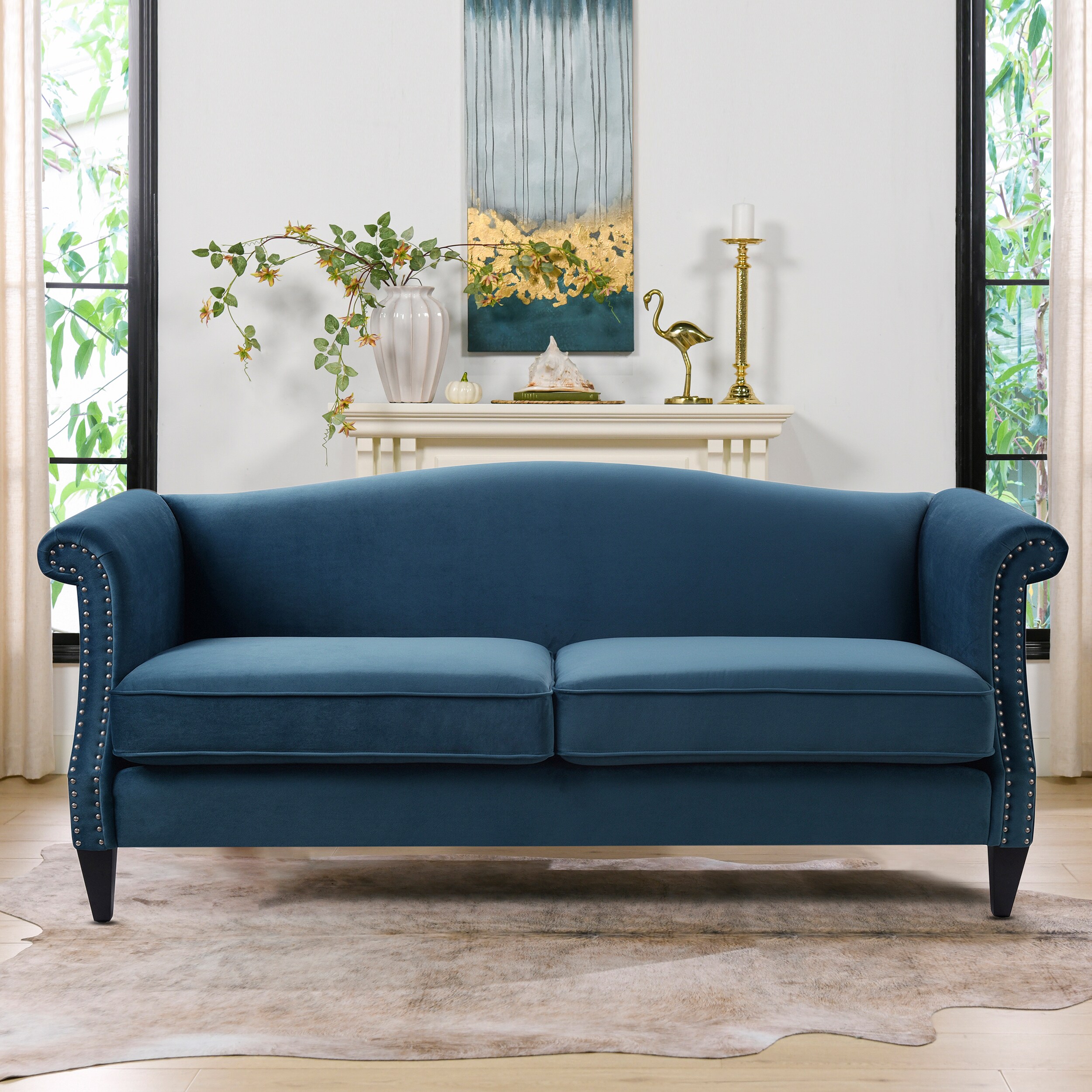 Jennifer Taylor Home Elaine 77-in Midcentury Satin Teal Blue Velvet 3 ...