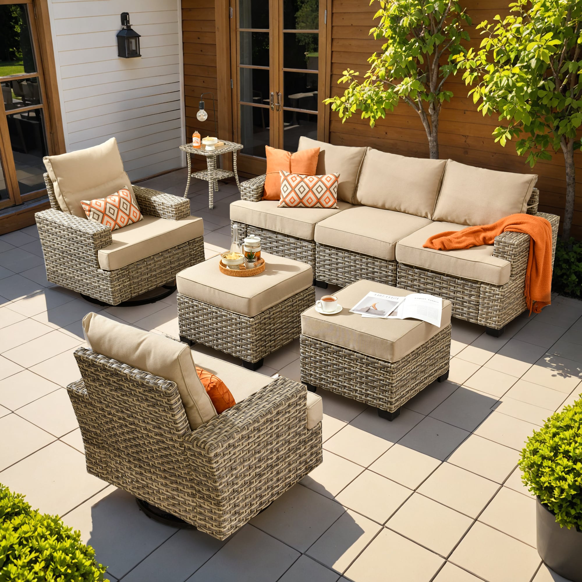 Ovios TS608Y 8-Piece Wicker Patio Sofa Conversation Set with Beige Cushions