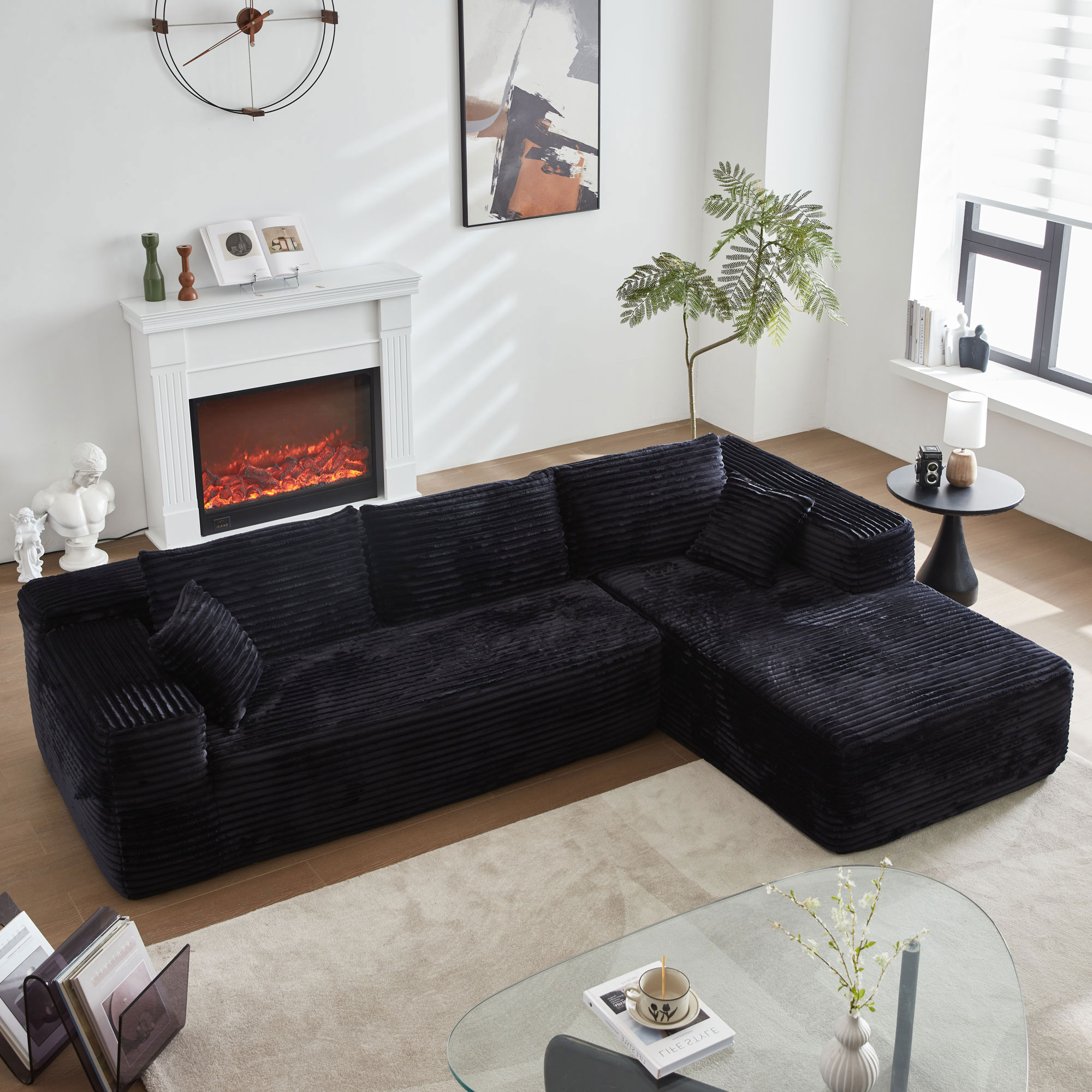 Ovios OVIVIR430 104.3-in Casual Black(Plush Corduroy)-Right Chaise Sectional