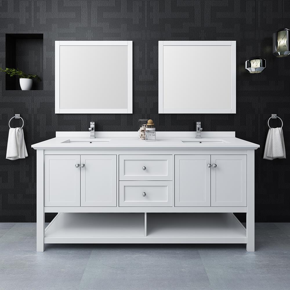 Fresca FVN2372WH-D Cambria 72-in White Undermount Double sink Bathroom Vanity with White Quartz Top (Mirror Included)