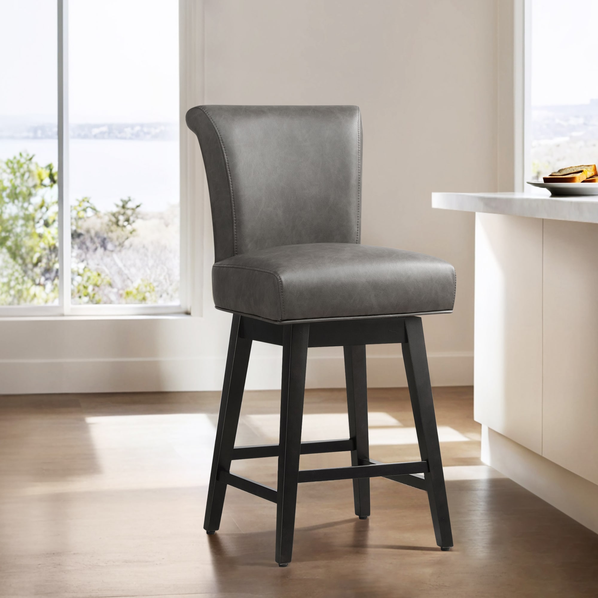 Circle 55 1-LWSY606F-CU6720 Dark Gray 26-in H Counter height Square seat Upholstered Swivel Wood Bar Stool and Back