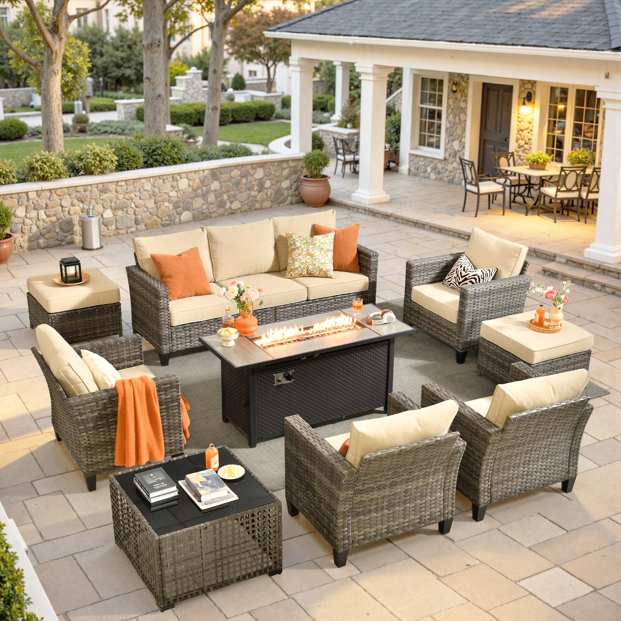 weaxty HMBCFP8503NGRS608S1 Trueno 9 -Piece Wicker Patio Sofa Conversation Set with Off-white Cushions