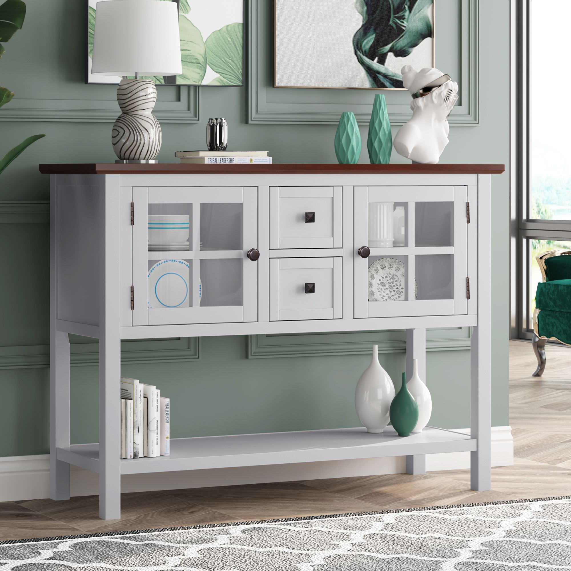 Yiekholo White Wood Console Table with 2 Drawers and Cabinet Doors ...