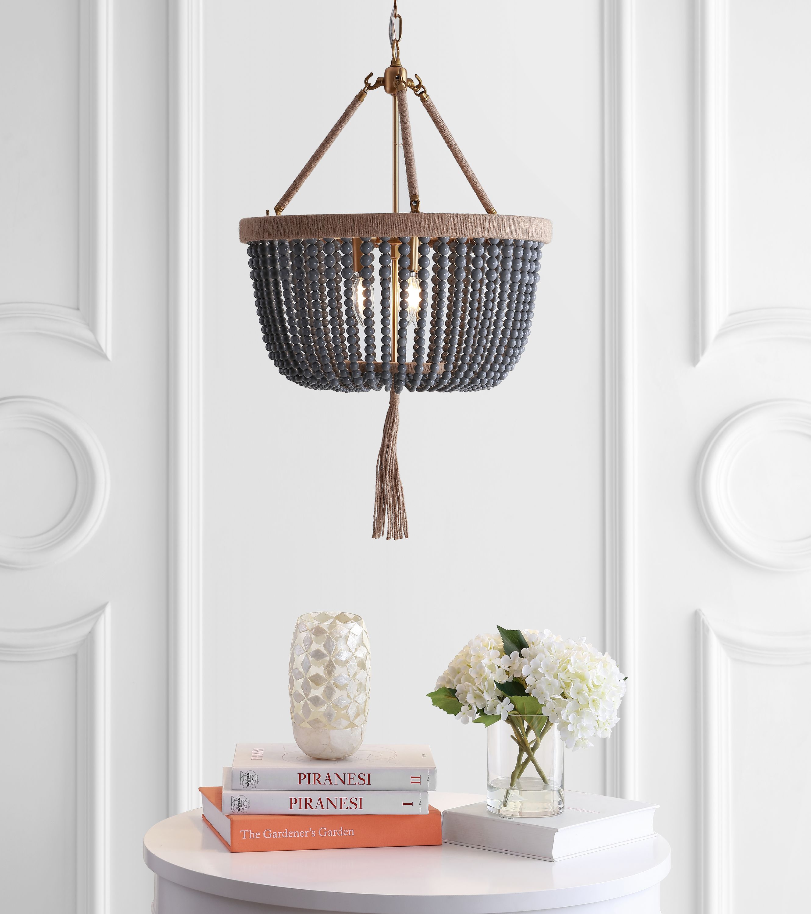 Gray Beaded Brass Bohemian Chandelier Light