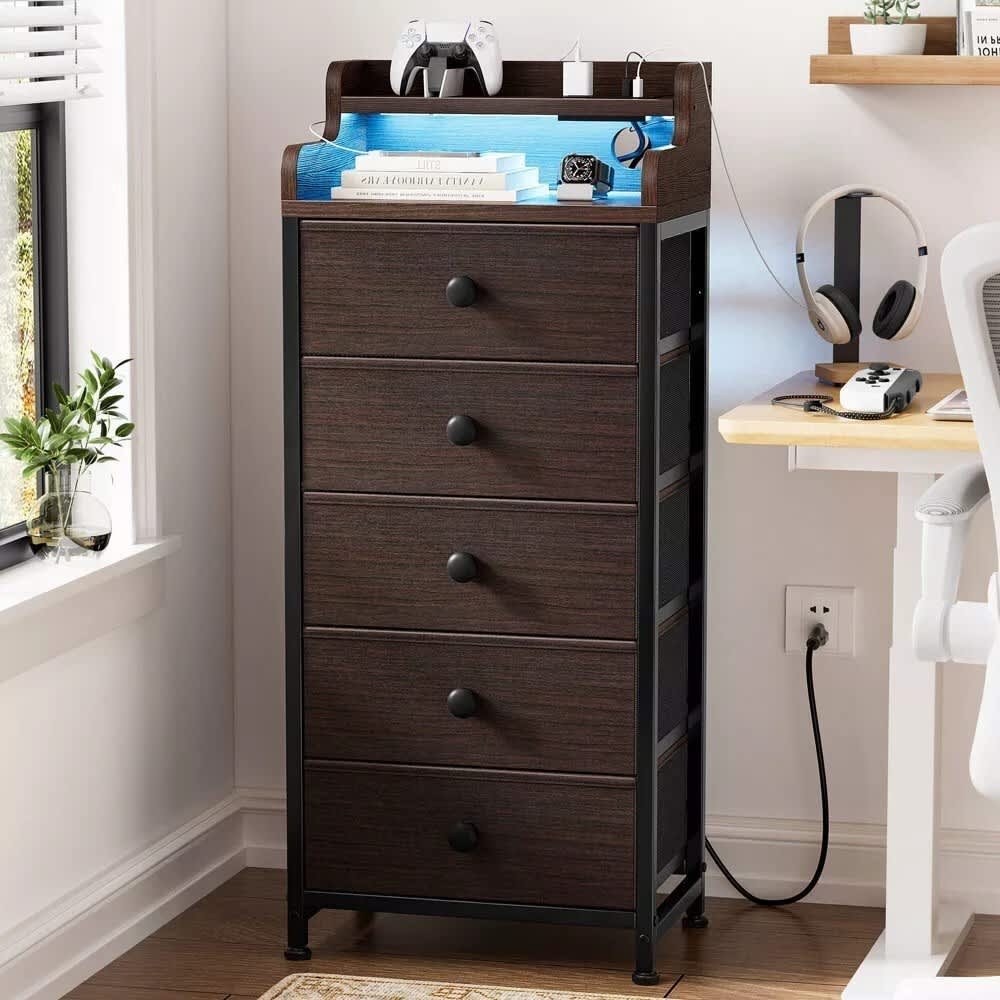 Aok Garden 5 Drawer Dresser with 2 Tier Open Shelf Power Outlet LED Brown