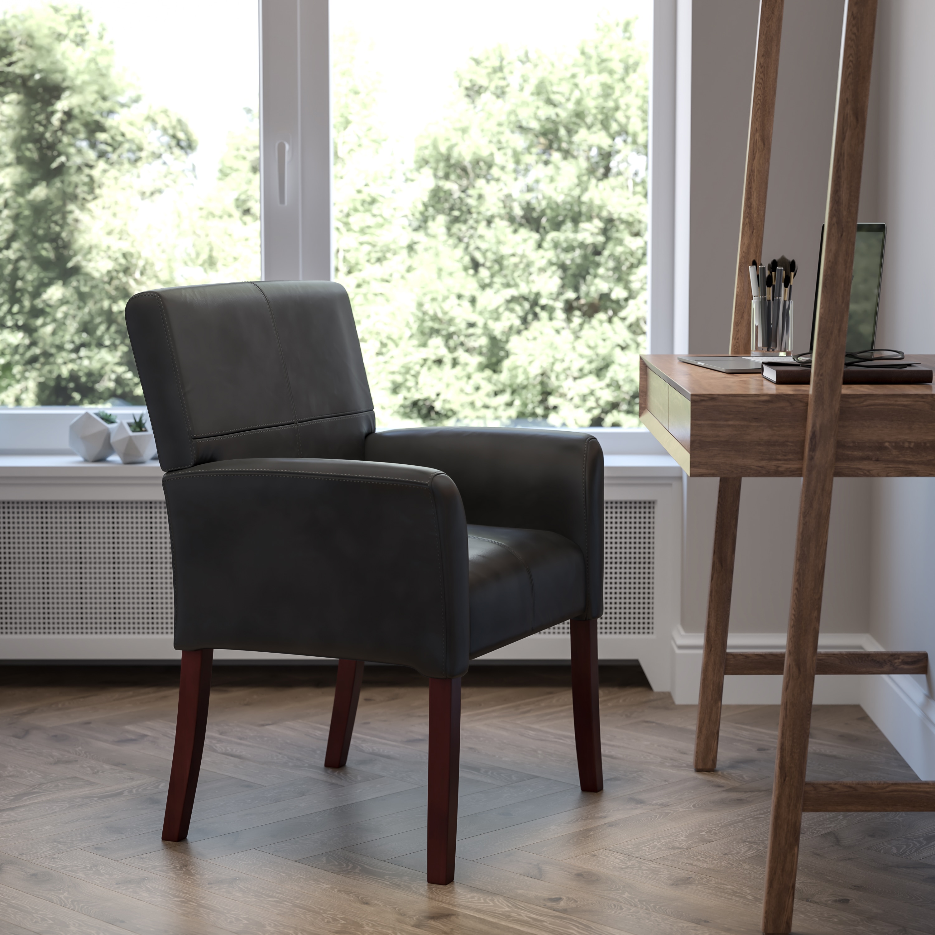 Black Leather High Back Executive Armchair with Mahogany Wood Legs
