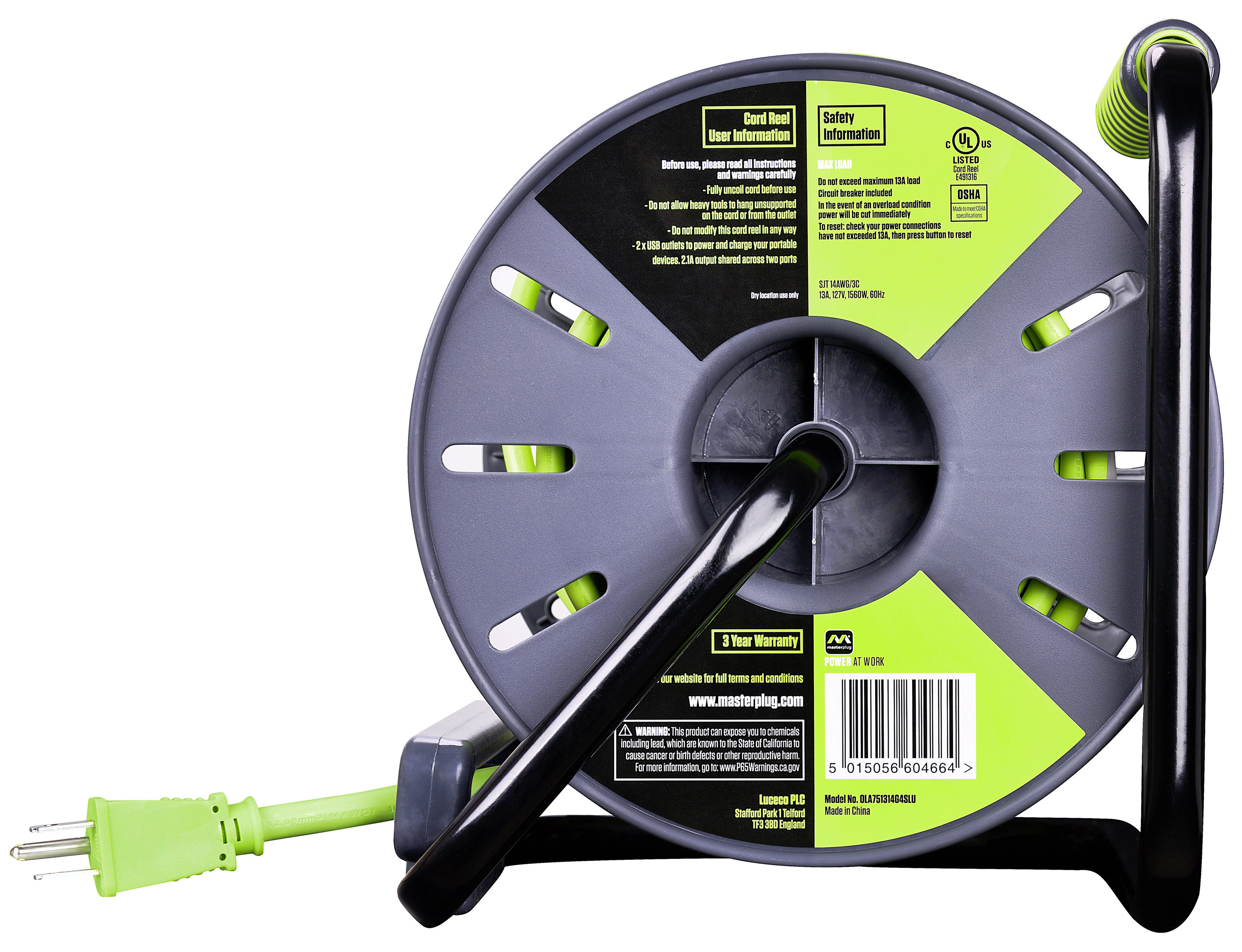 Masterplug 75Ft 4 Sockets 13A 14Awg Large Open Reel with Usb Charging at
