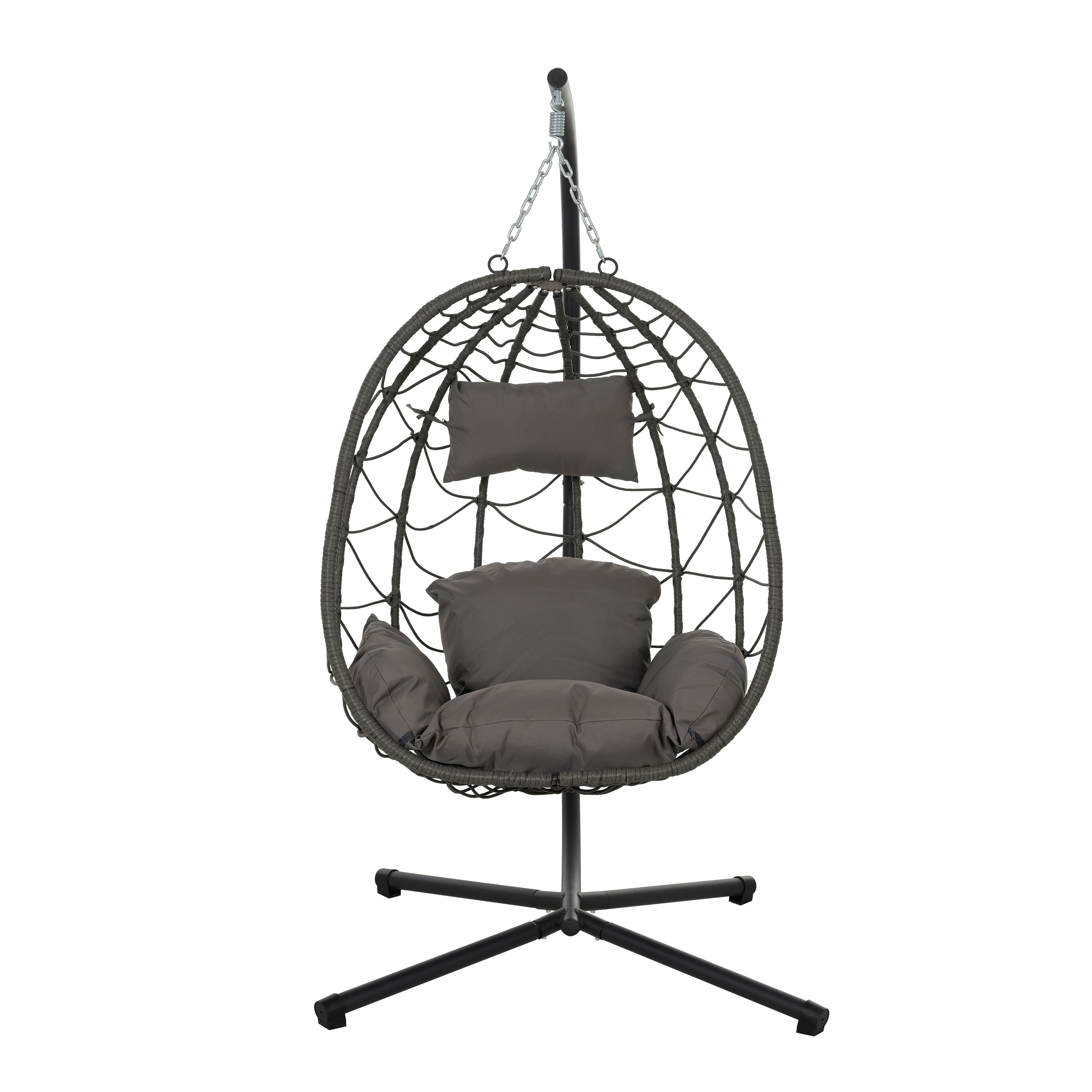 Mondawe CR005NY-M Wicker Black Steel Frame Hanging Egg Chair with Gray Cushioned Seat