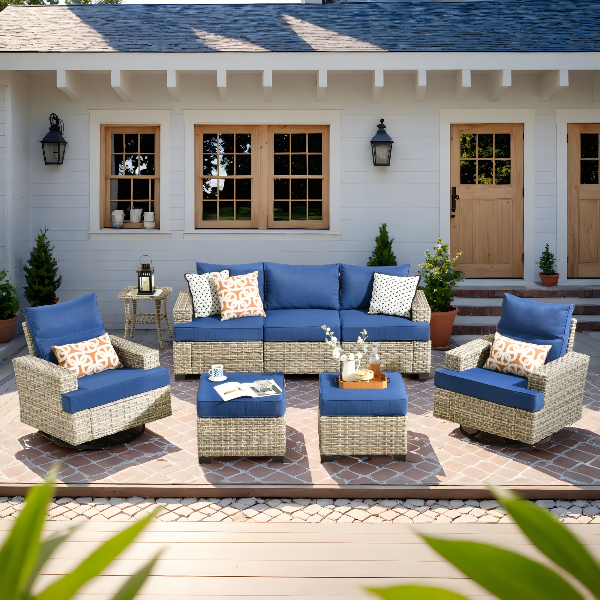 Pouuin STYZBS706 6 -Piece Wicker Patio Sofa Conversation Set with Navy Cushions