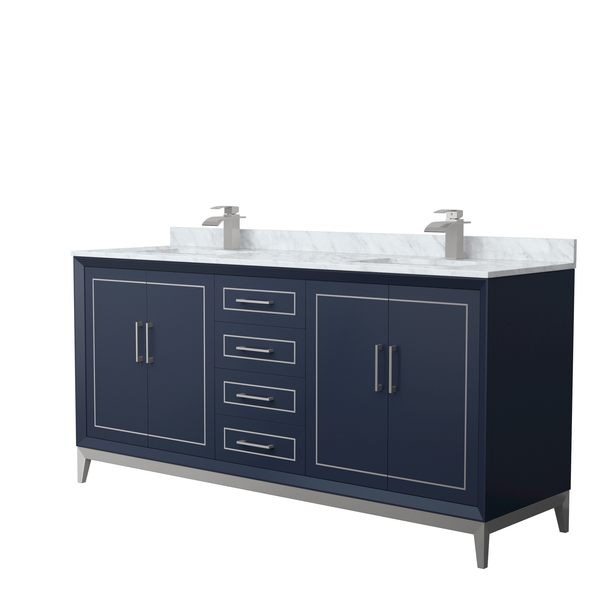 Wyndham Collection WCH515172DBNCMUNSMXX Marlena 72-in Dark Blue with Brushed Nickel Trim Undermount Double Sink Bathroom Vanity with White Carrara Marble Natural Marble Top